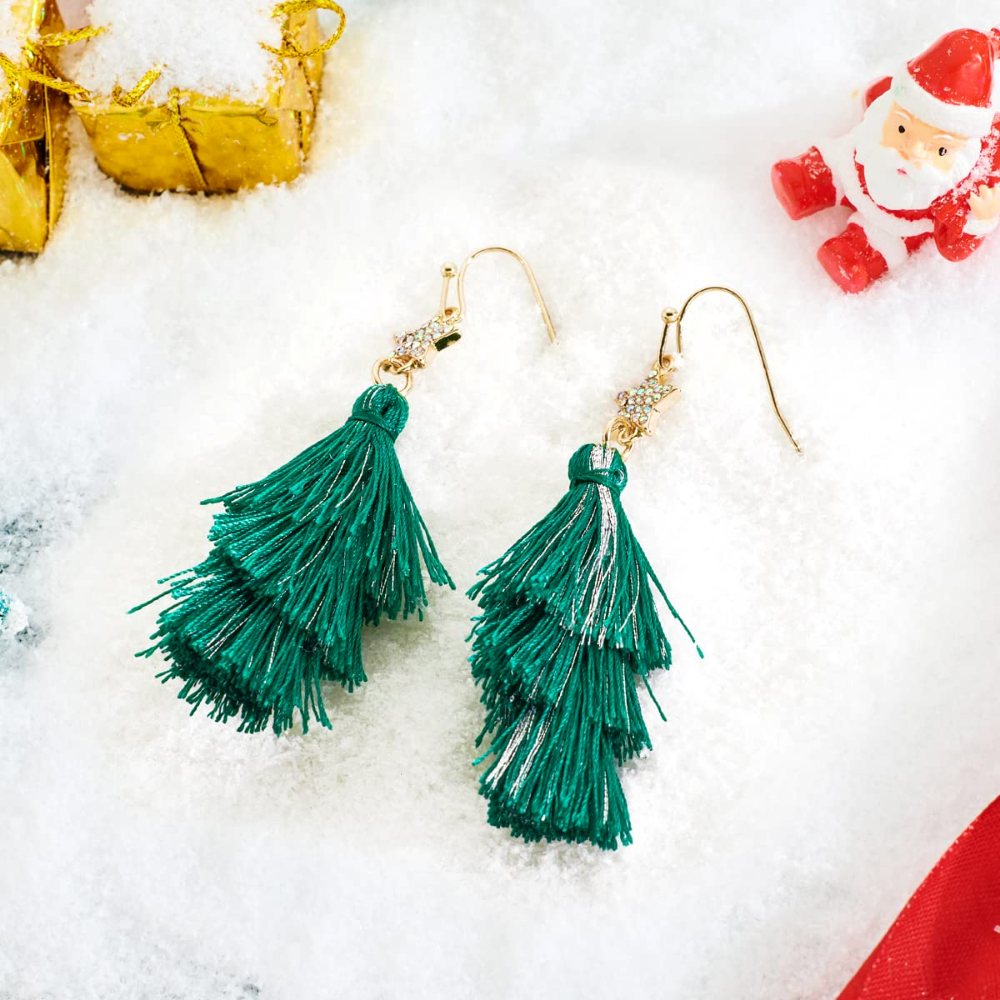 YUJIE Tiered Tassel Drop Earrings, Green Tassel, view 5