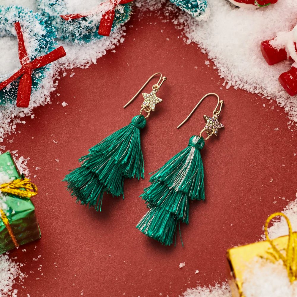 YUJIE Tiered Tassel Drop Earrings, Green Tassel, view 6