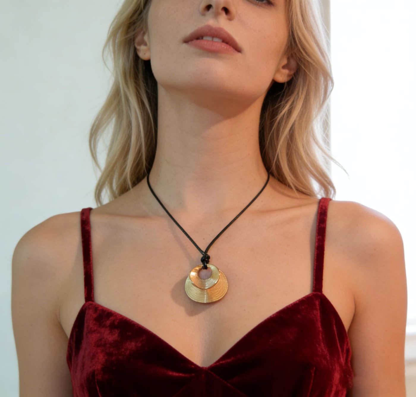 YUJIE Geometric Pendant Necklace, Ribbed Circle, view 4