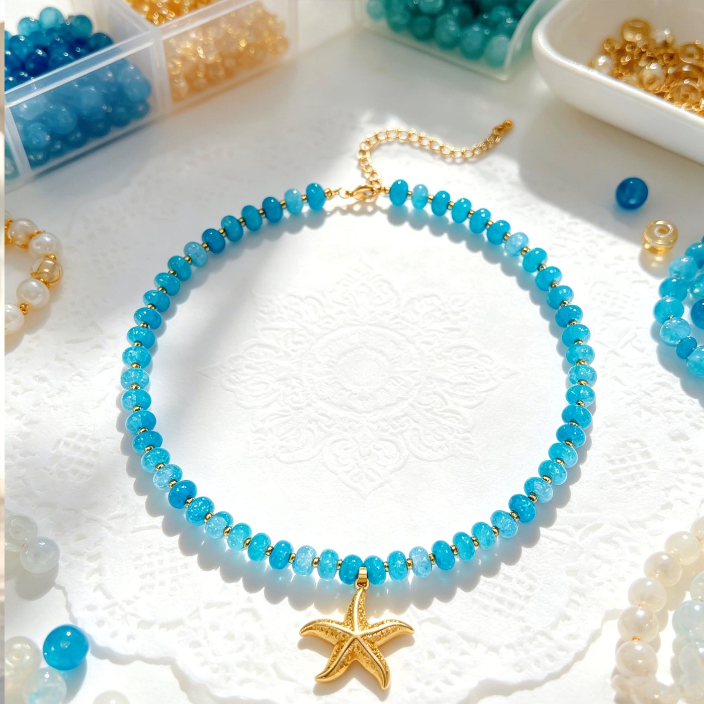 YUJIE Beaded Choker, Blue Starfish, view 5