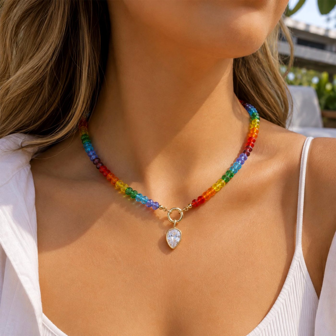 YUJIE Beaded Necklace, Teardrop Pendant, second view