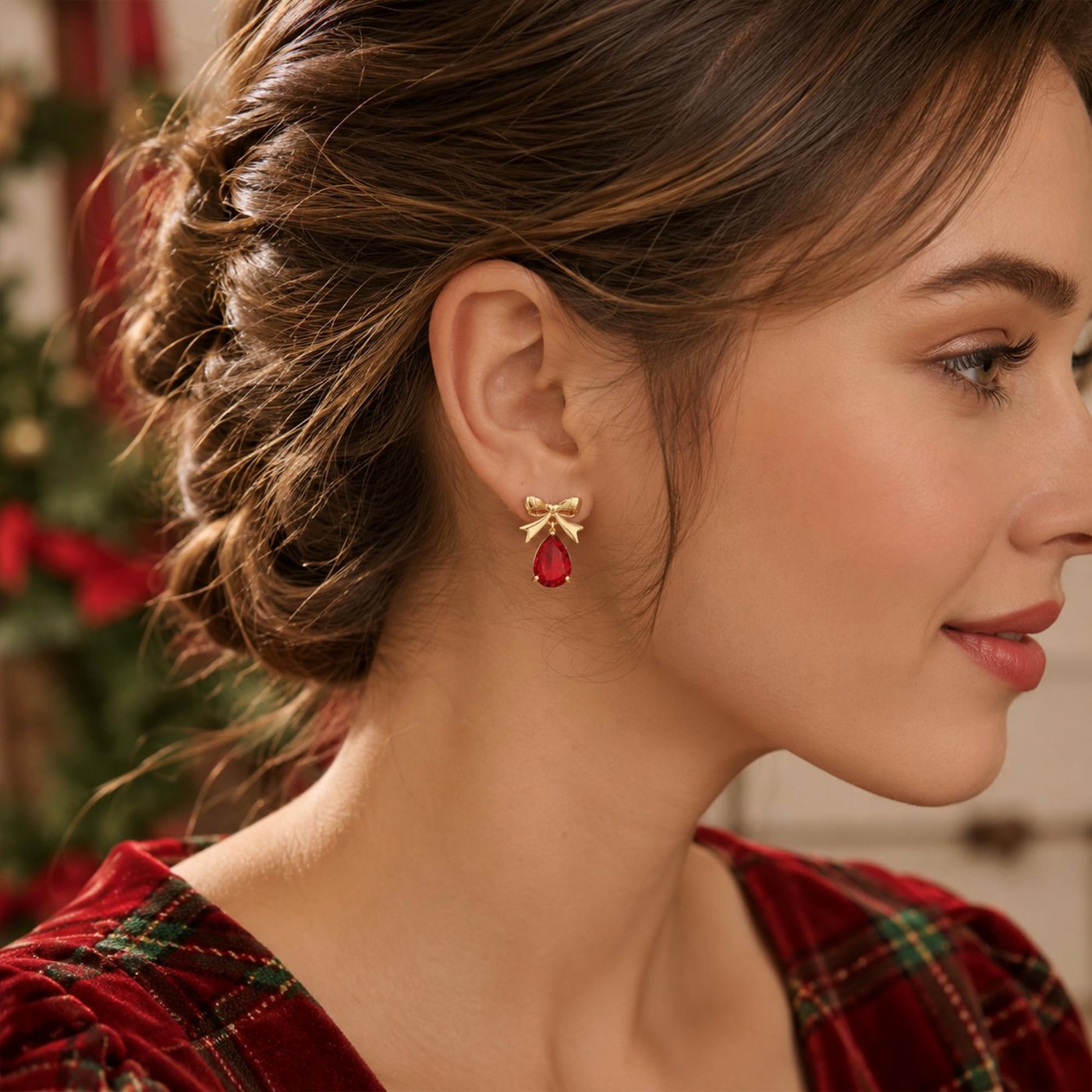 YUJIE Bow Drop Earrings, Red Teardrop, view 3