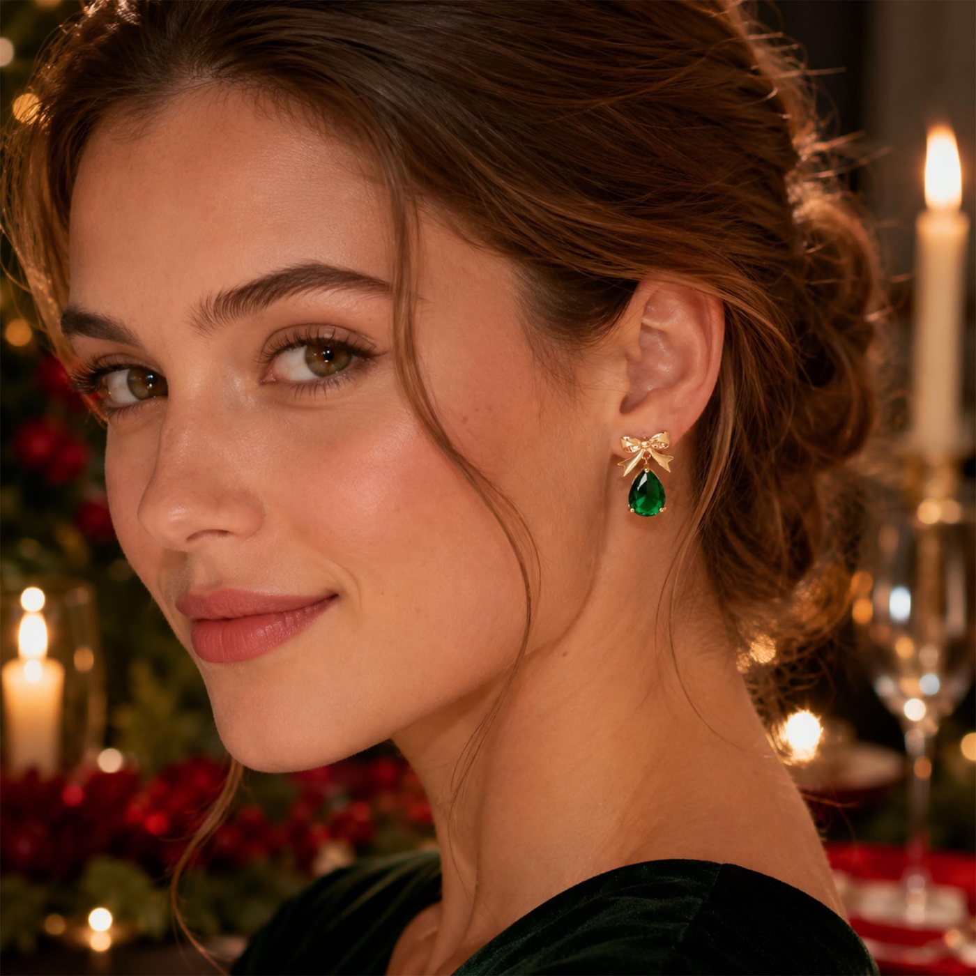 YUJIE Bow Drop Earrings, Green Teardrop, second view