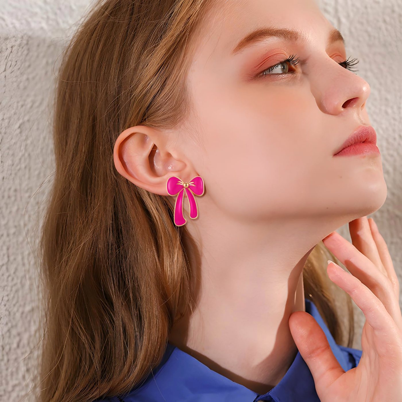 YUJIE Bow Drop Earrings, Hot Pink Enamel, view 3