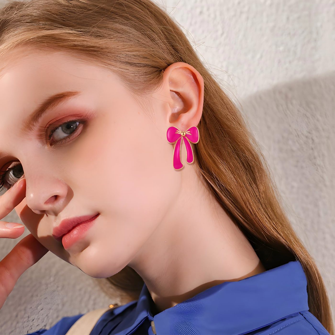 YUJIE Bow Drop Earrings, Hot Pink Enamel, view 4