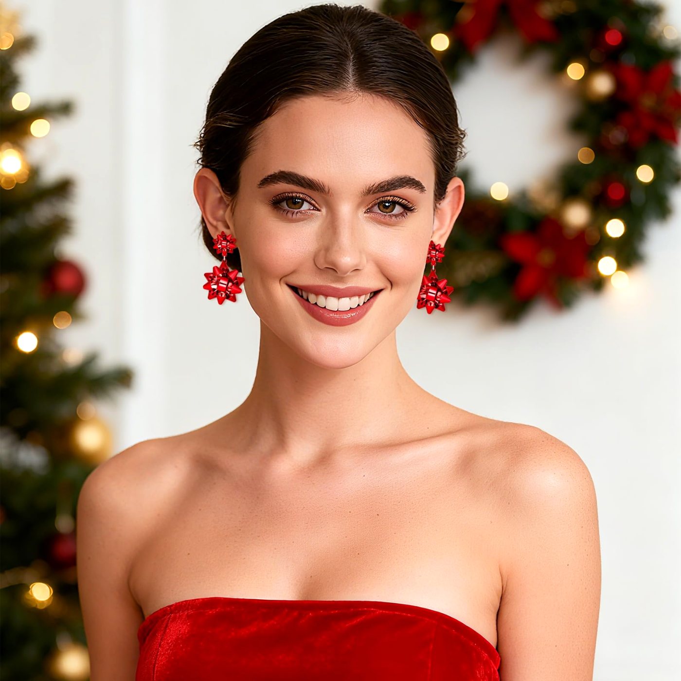 YUJIE Bow Drop Earrings, Red Double Bow, second view