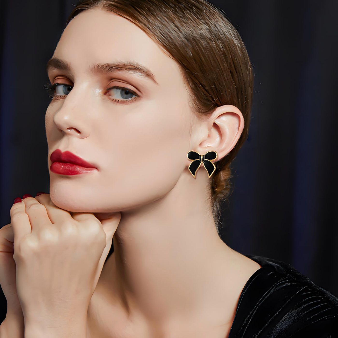 YUJIE Bow Earrings, Black Enamel, view 4