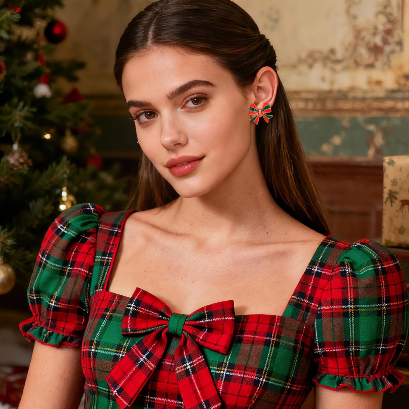 YUJIE Bow Earrings, Red and Green, view 4