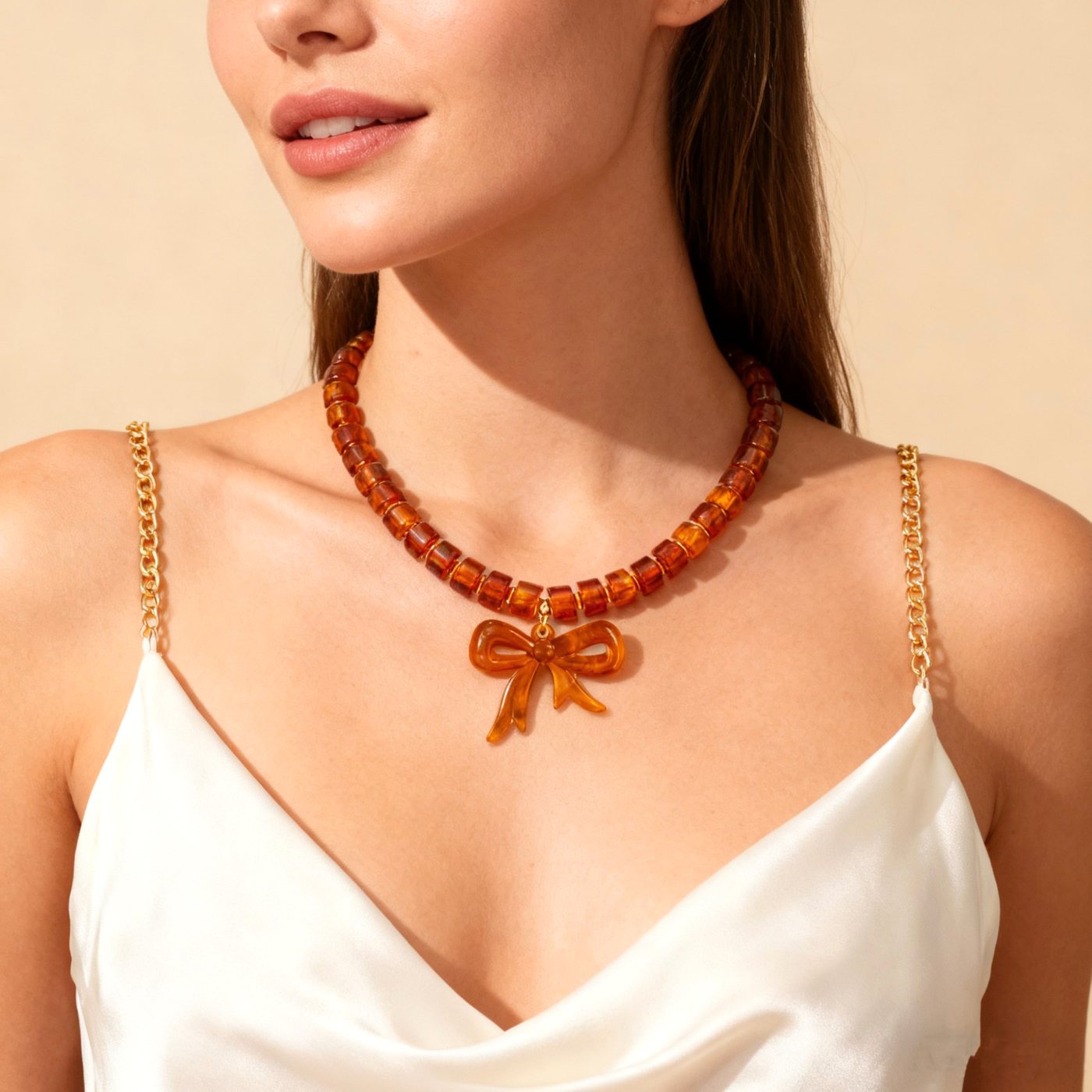 YUJIE Bow Pendant Necklace, Amber Beaded, view 4
