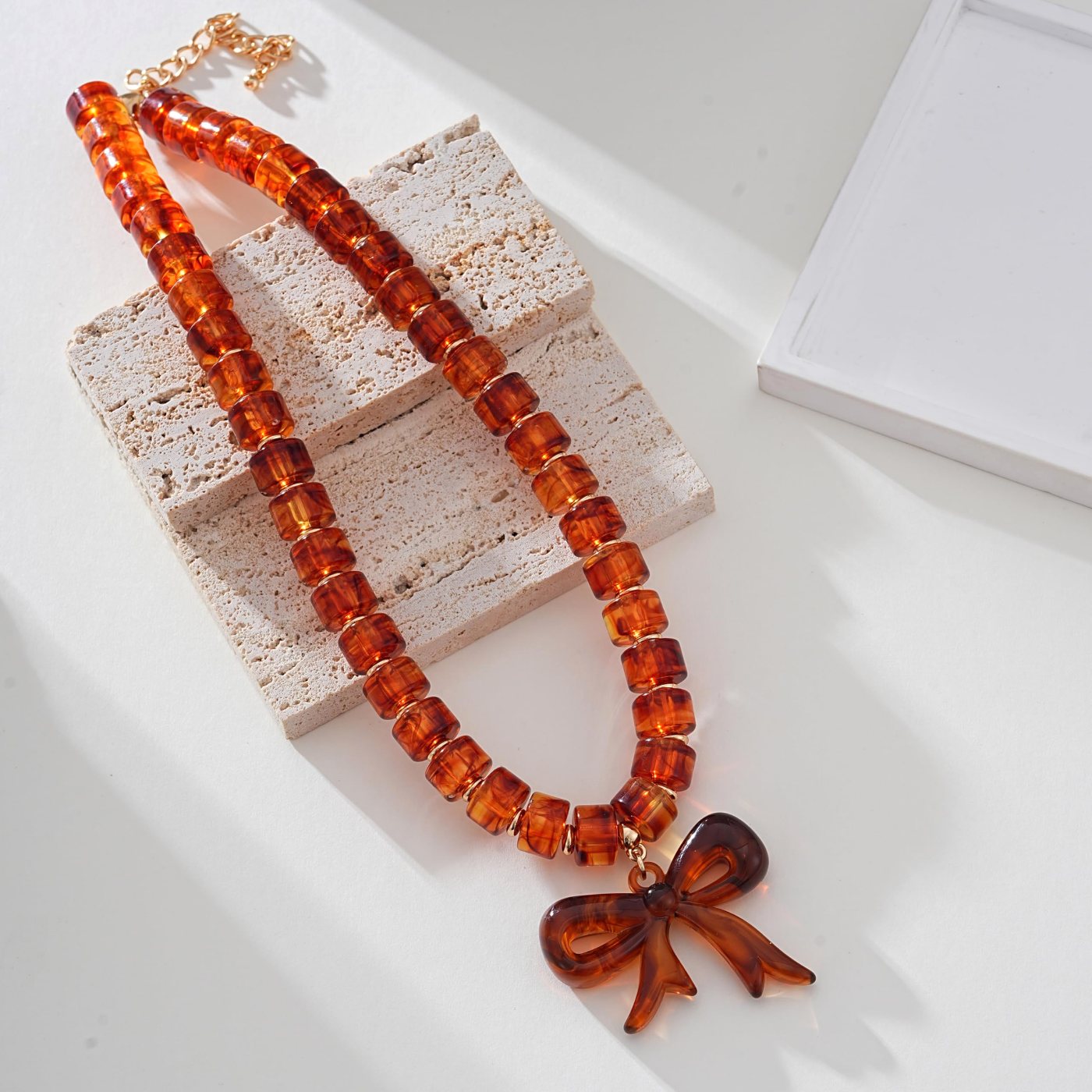 YUJIE Bow Pendant Necklace, Amber Beaded, view 5