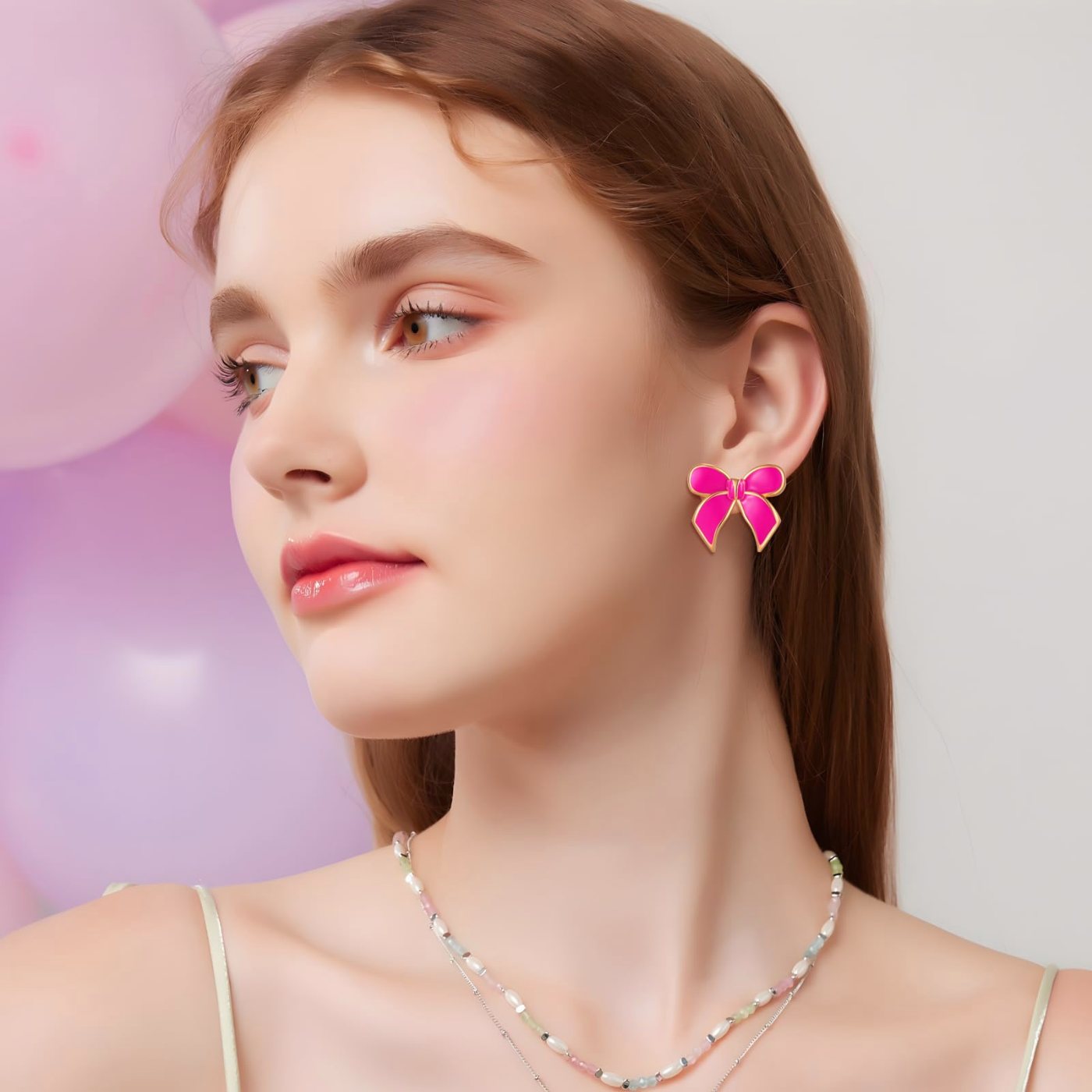 YUJIE Bow Stud Earrings, Hot Pink, second view