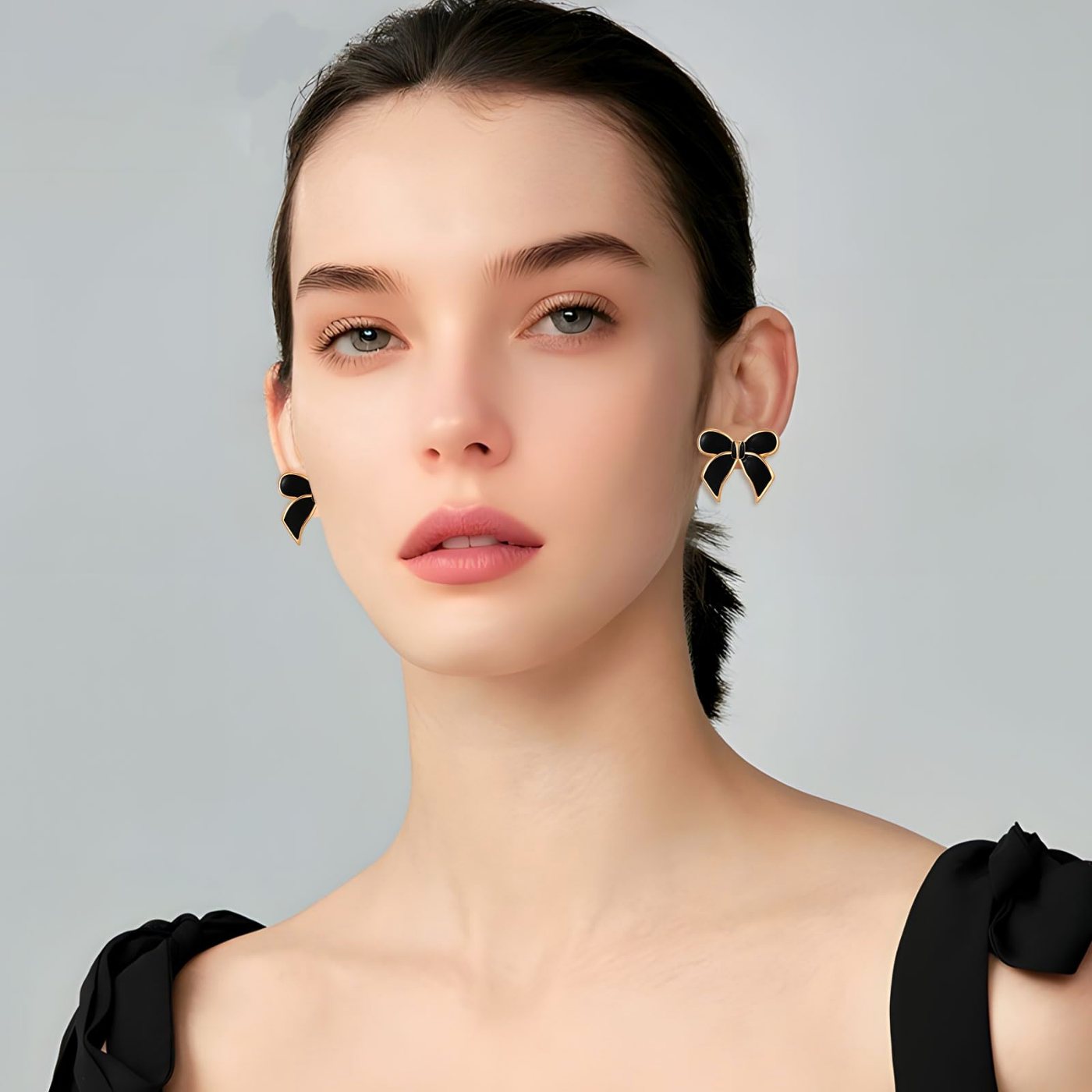 YUJIE Bow Stud Earrings, Black, second view