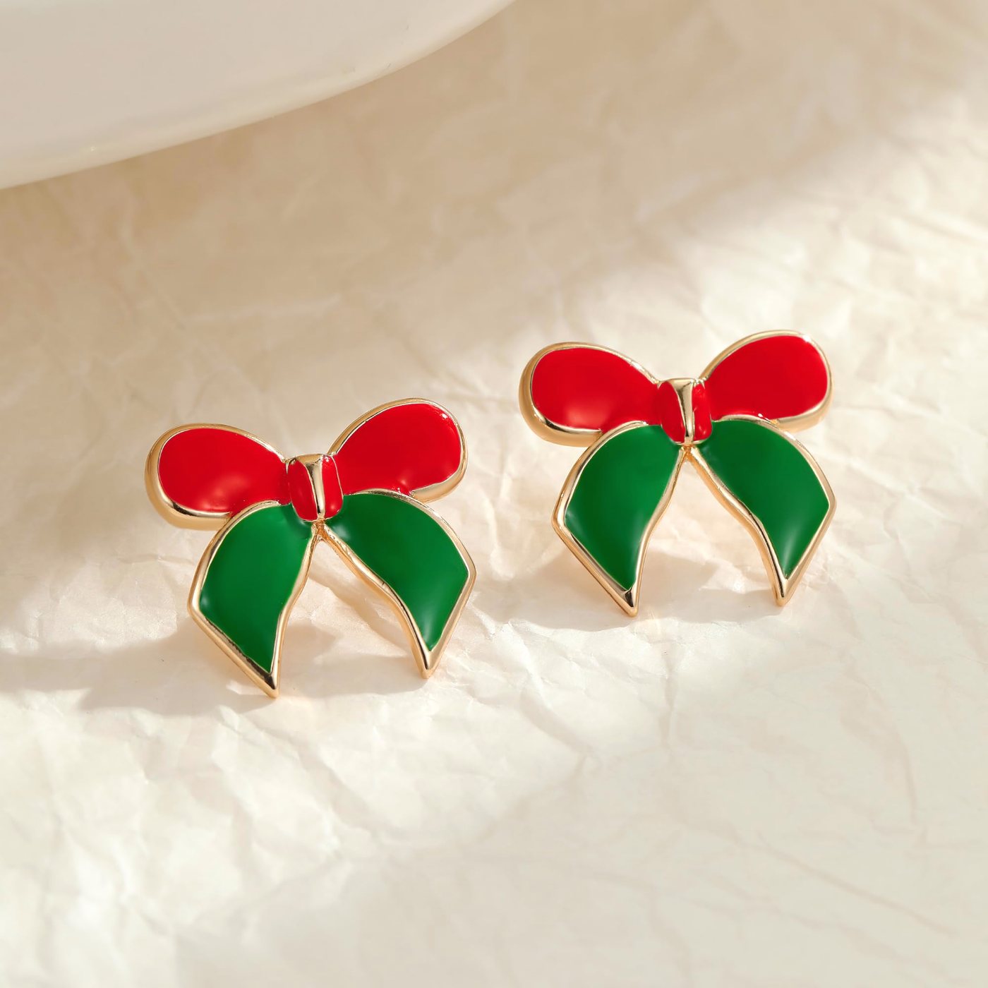 YUJIE Bow Stud Earrings, Red and Green, view 3