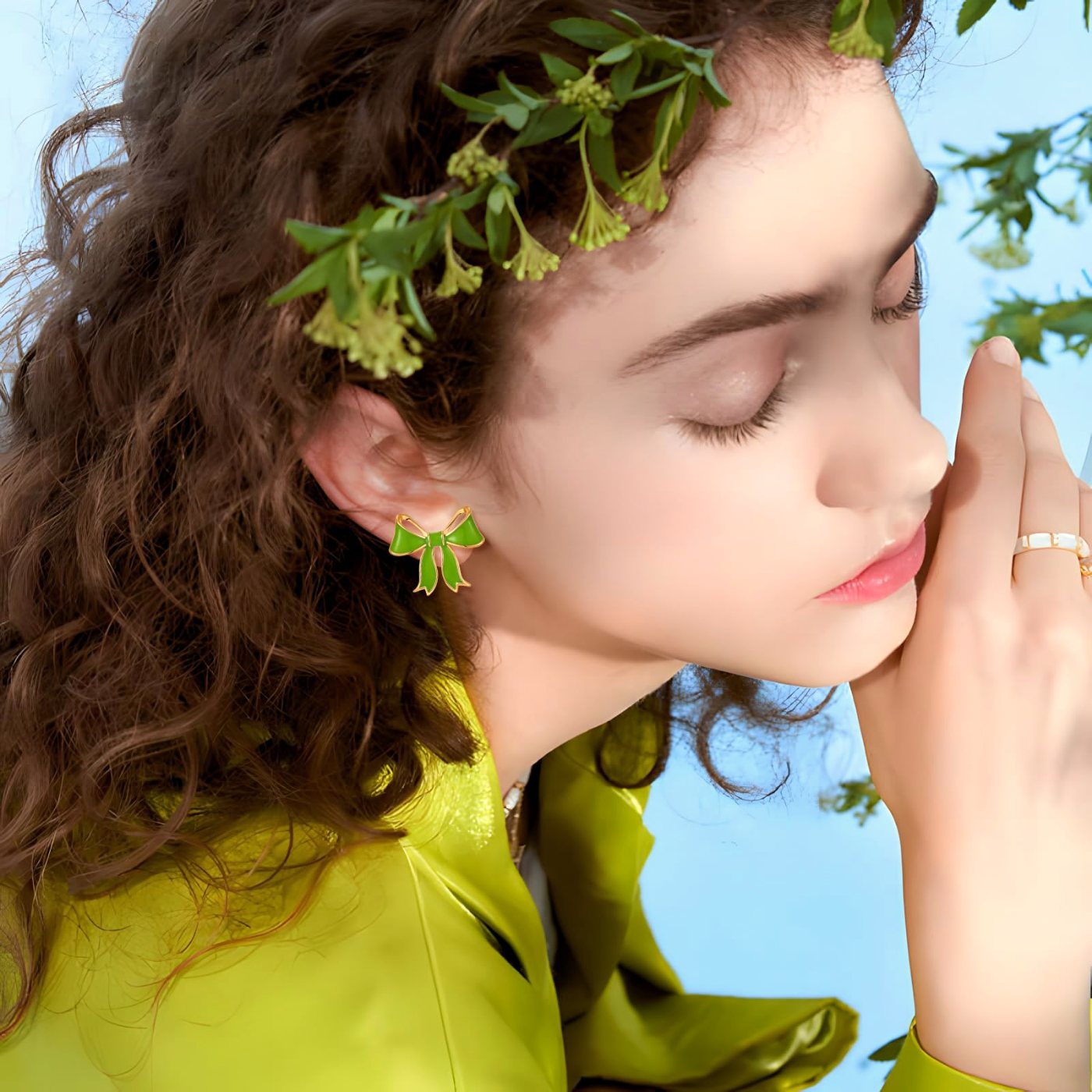 YUJIE Bow Stud Earrings, Green, view 3