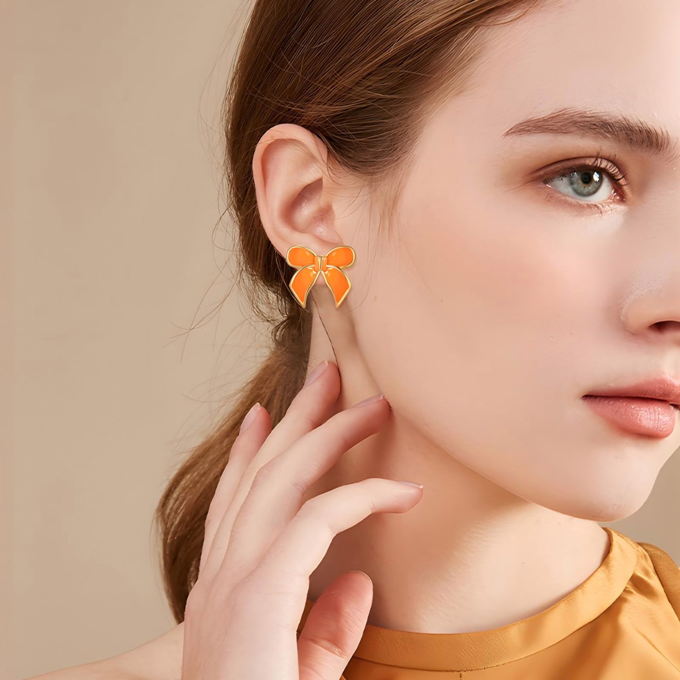 YUJIE Bow Stud Earrings, Orange, second view