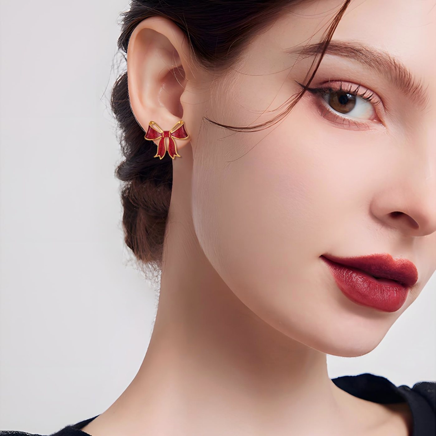 YUJIE Bow Stud Earrings, Glitter Red, second view