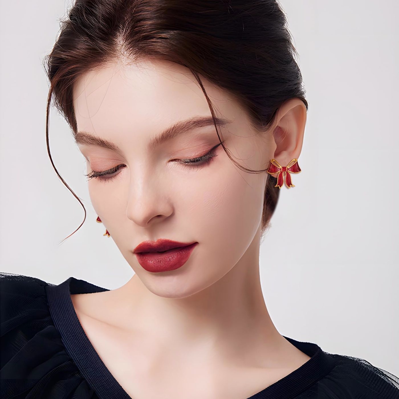 YUJIE Bow Stud Earrings, Glitter Red, view 5
