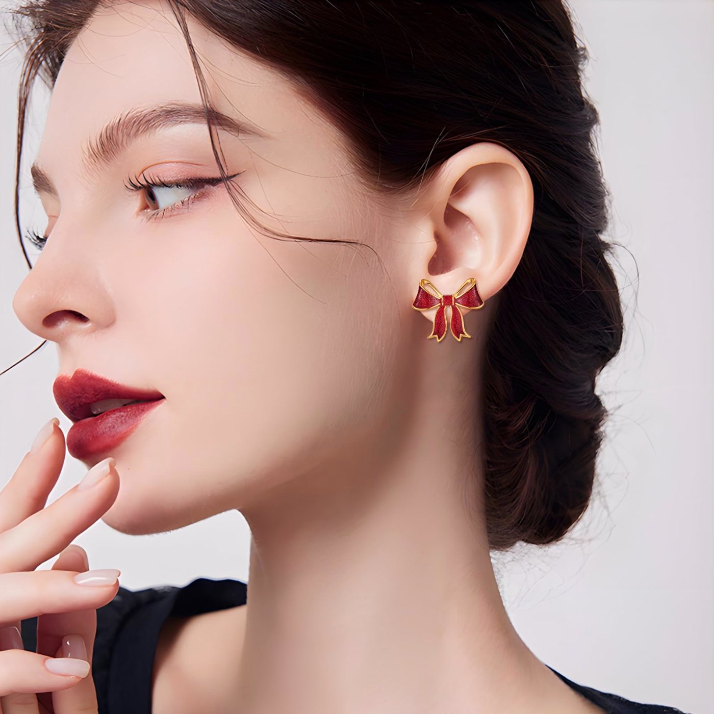 YUJIE Bow Stud Earrings, Glitter Red, view 6