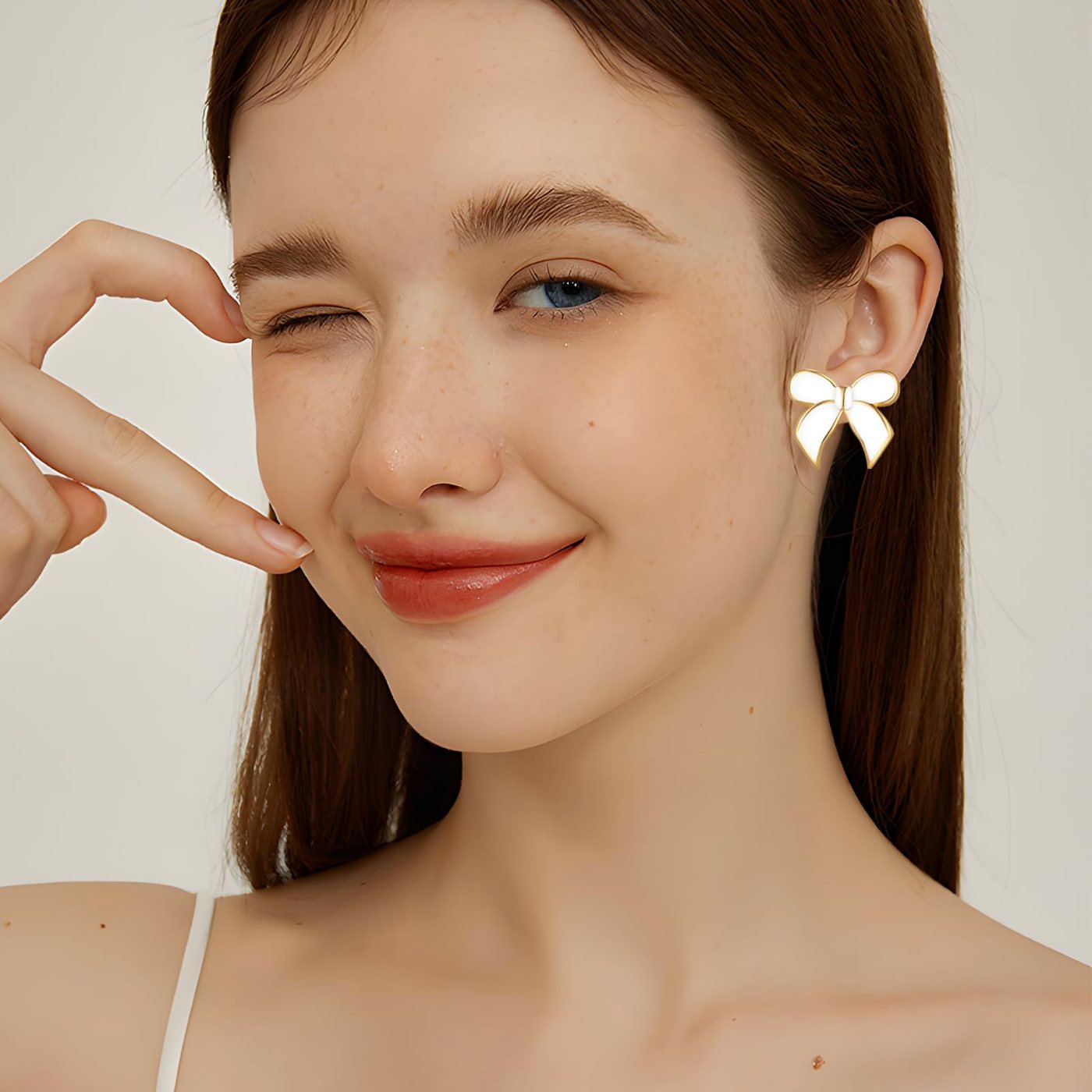 YUJIE Bow Stud Earrings, White, second view