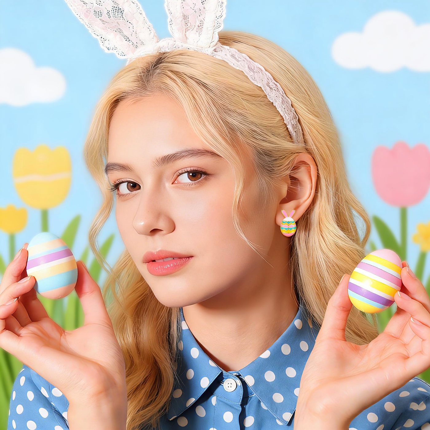 YUJIE Bunny Egg Stud Earrings, Bunny Ears, view 3