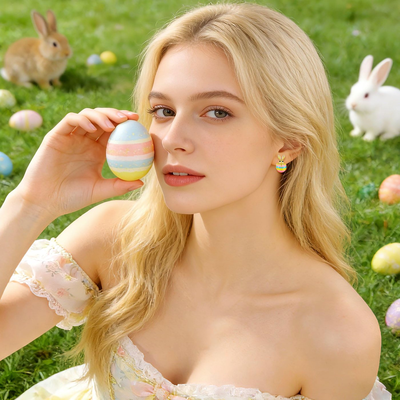 YUJIE Bunny Egg Stud Earrings, Rabbit In Egg, second view