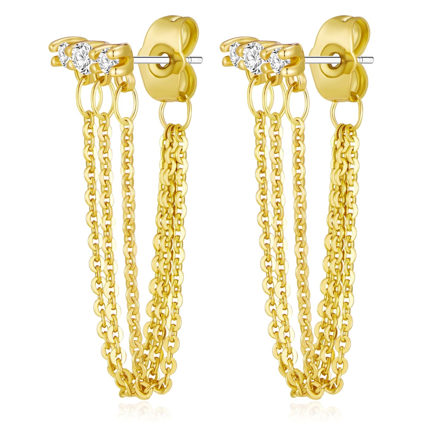 YUJIE Chain Drop Earrings, Triple Chain, gold and silver