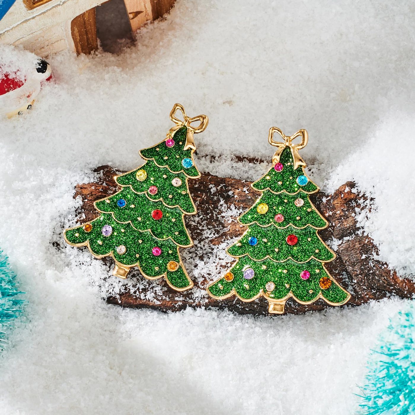 YUJIE Christmas Tree Drop Earrings, Bow Topper, second view