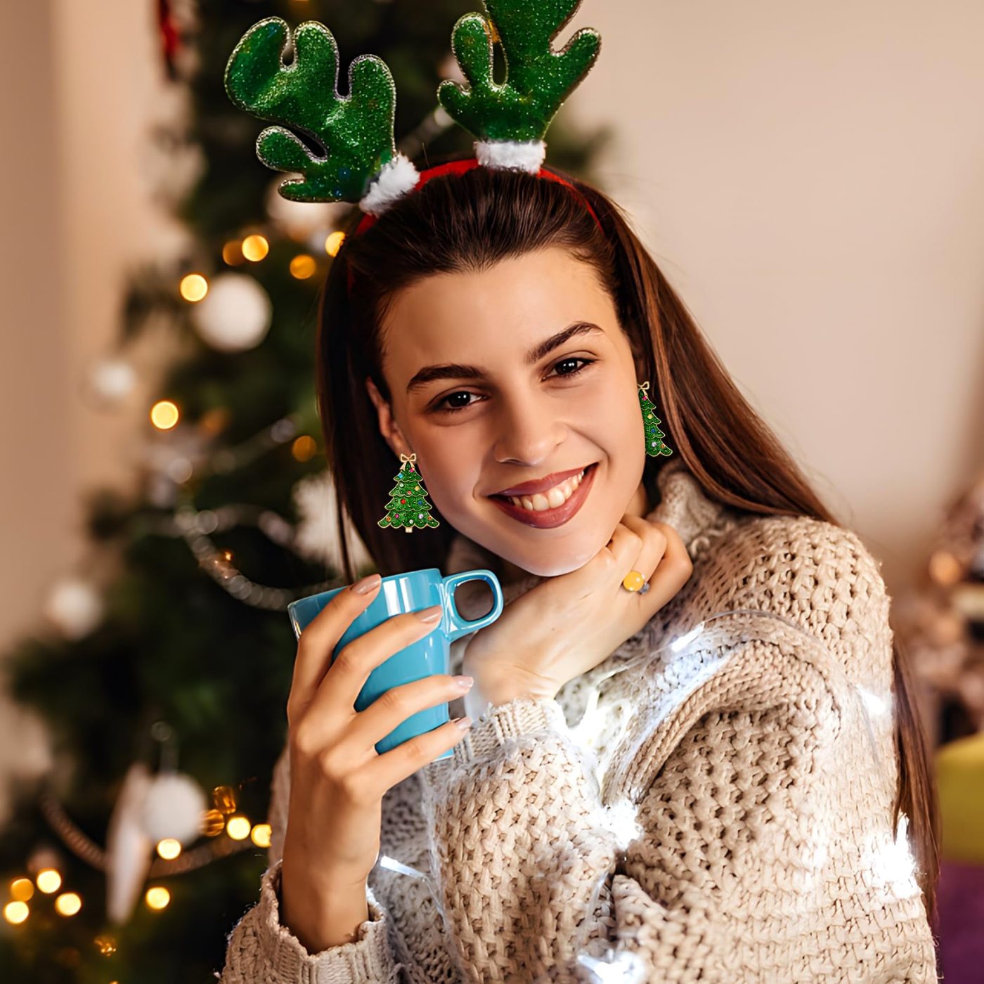 YUJIE Christmas Tree Drop Earrings, Bow Topper, view 5