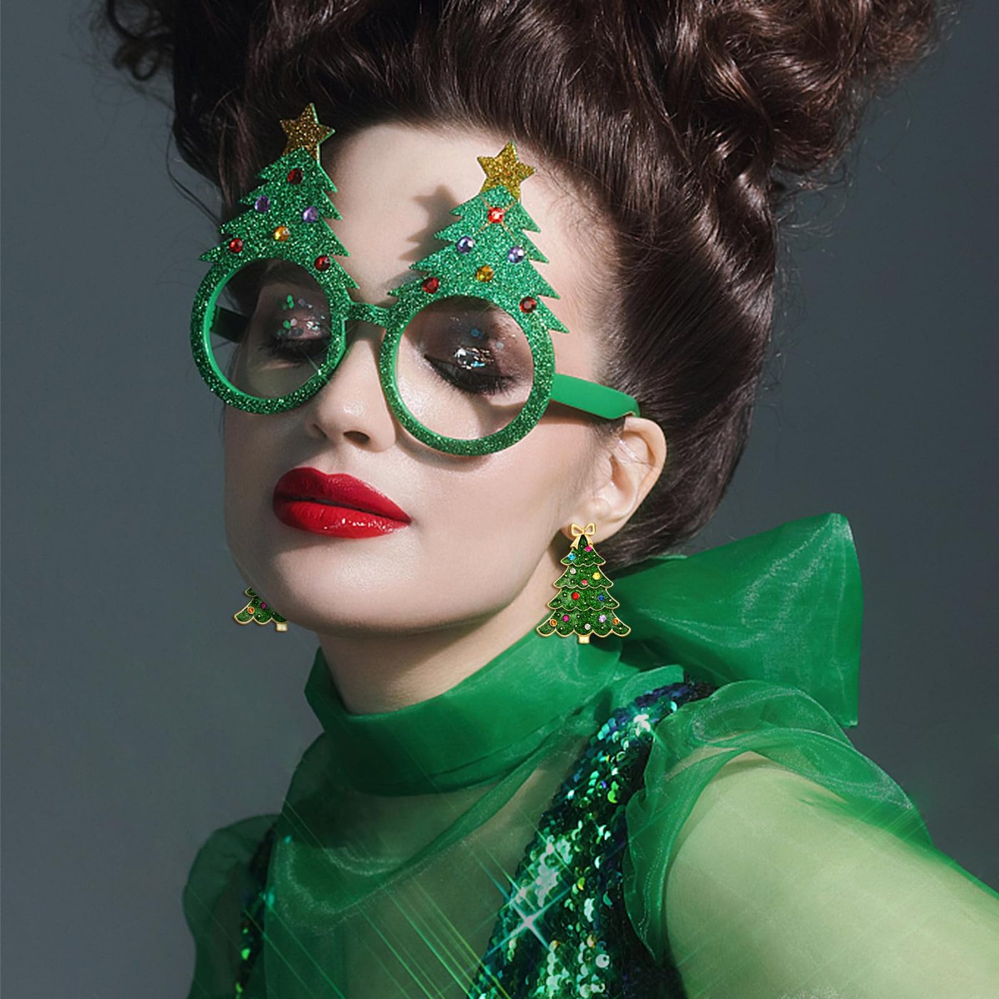 YUJIE Christmas Tree Drop Earrings, Bow Topper, view 6