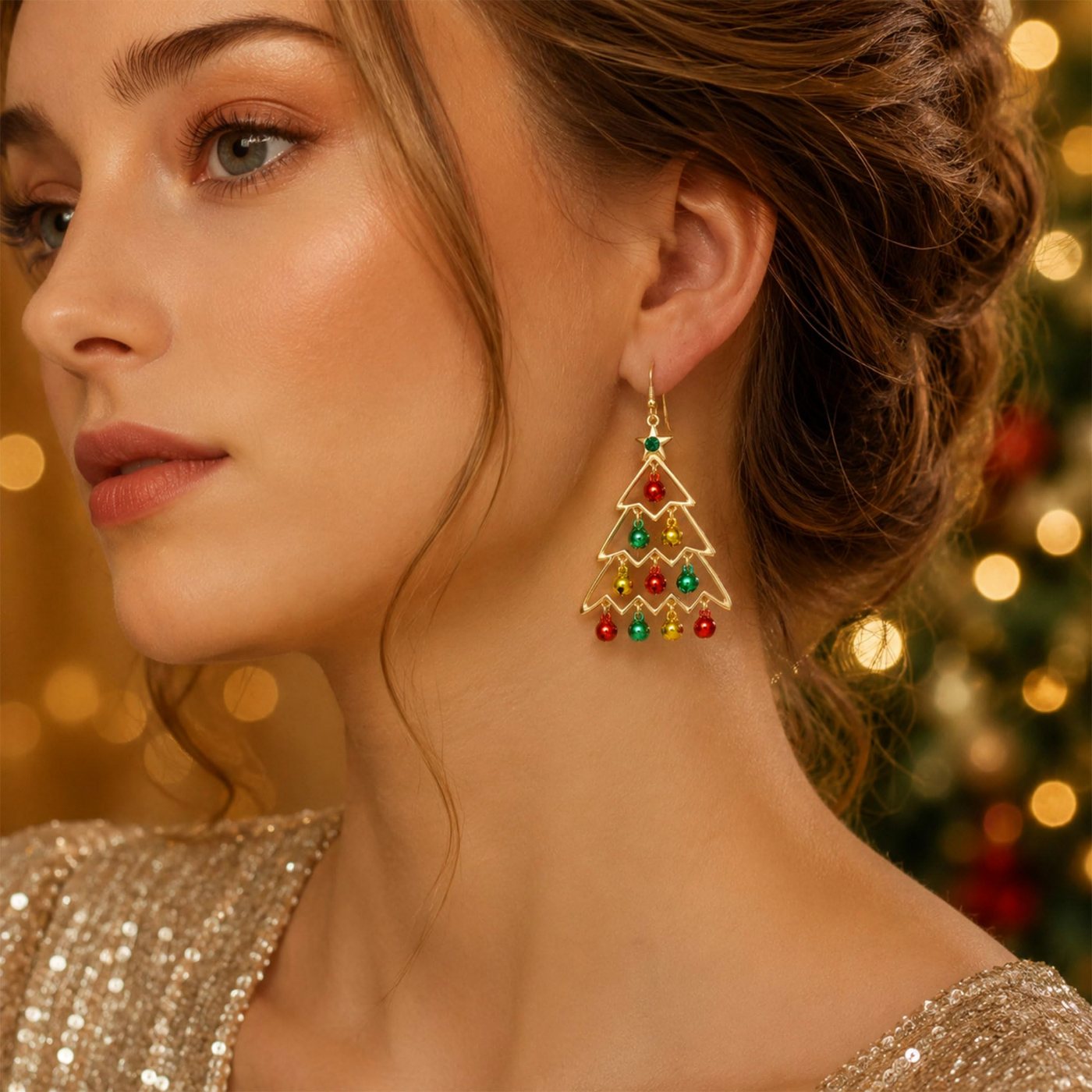 YUJIE Christmas Tree Drop Earrings, Jingle Bells, second view