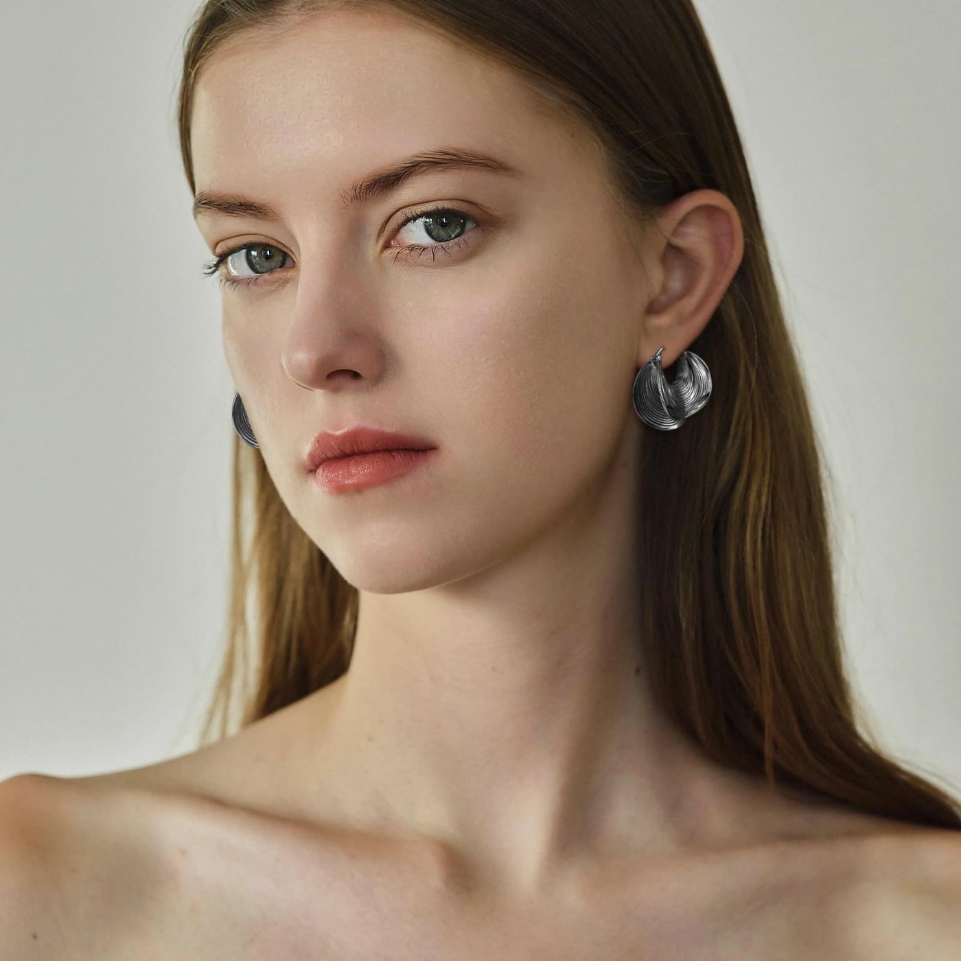 YUJIE Chunky Hoops, Silver Tone, second view