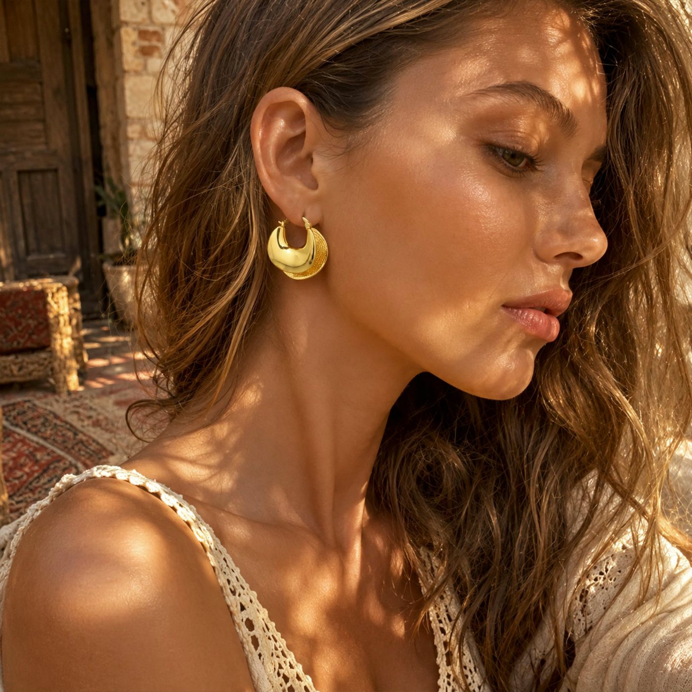 YUJIE Chunky Hoops, Textured Gold, view 3
