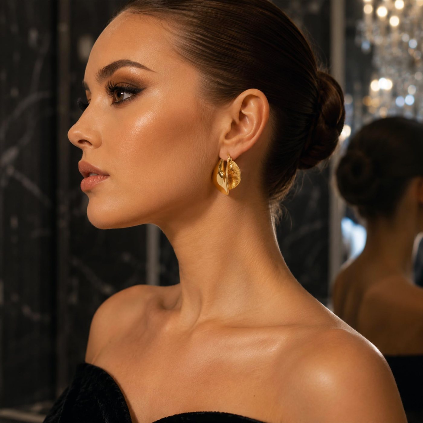 YUJIE Chunky Hoops, Textured Gold, view 4