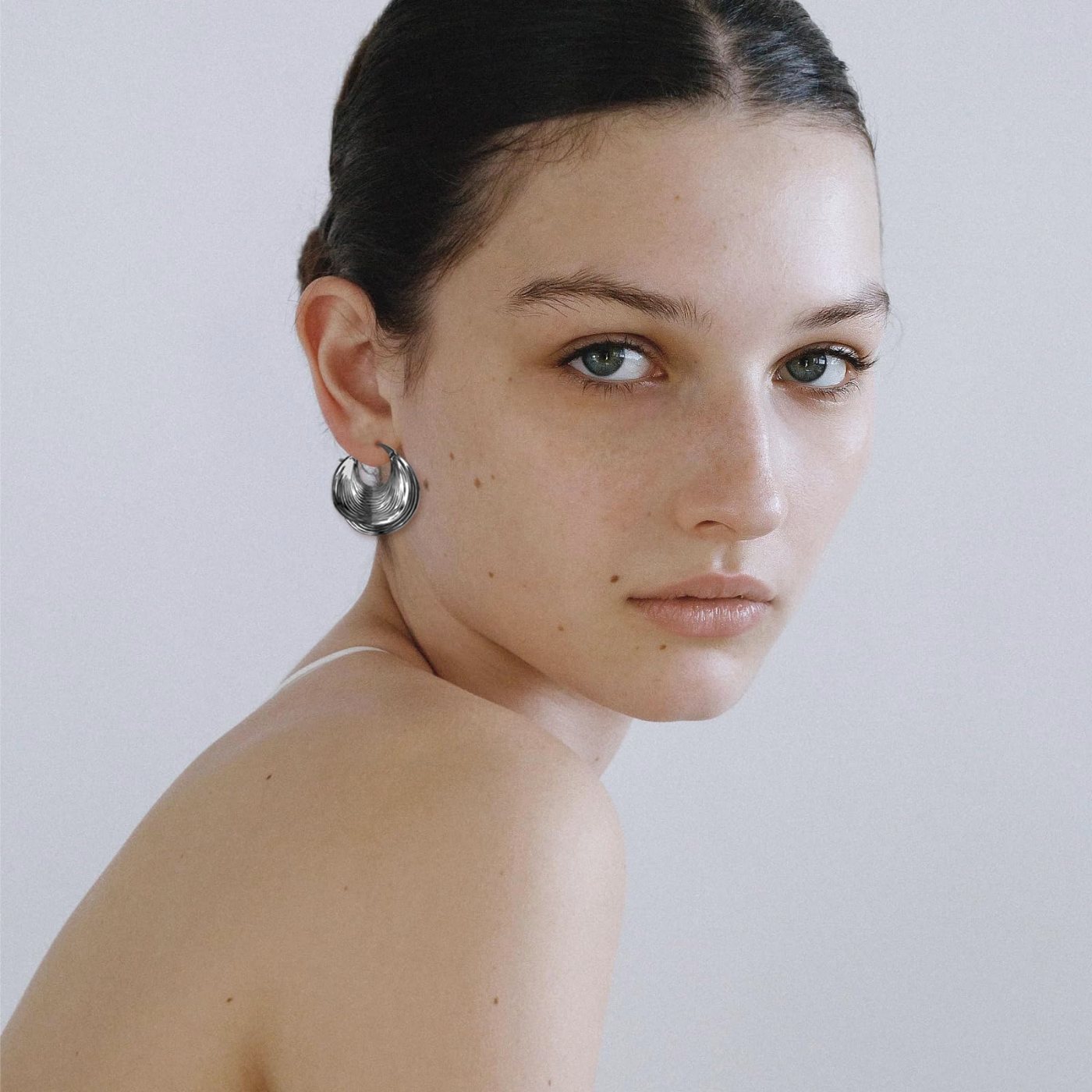 YUJIE Chunky Hoops, Silver Tone, view 3