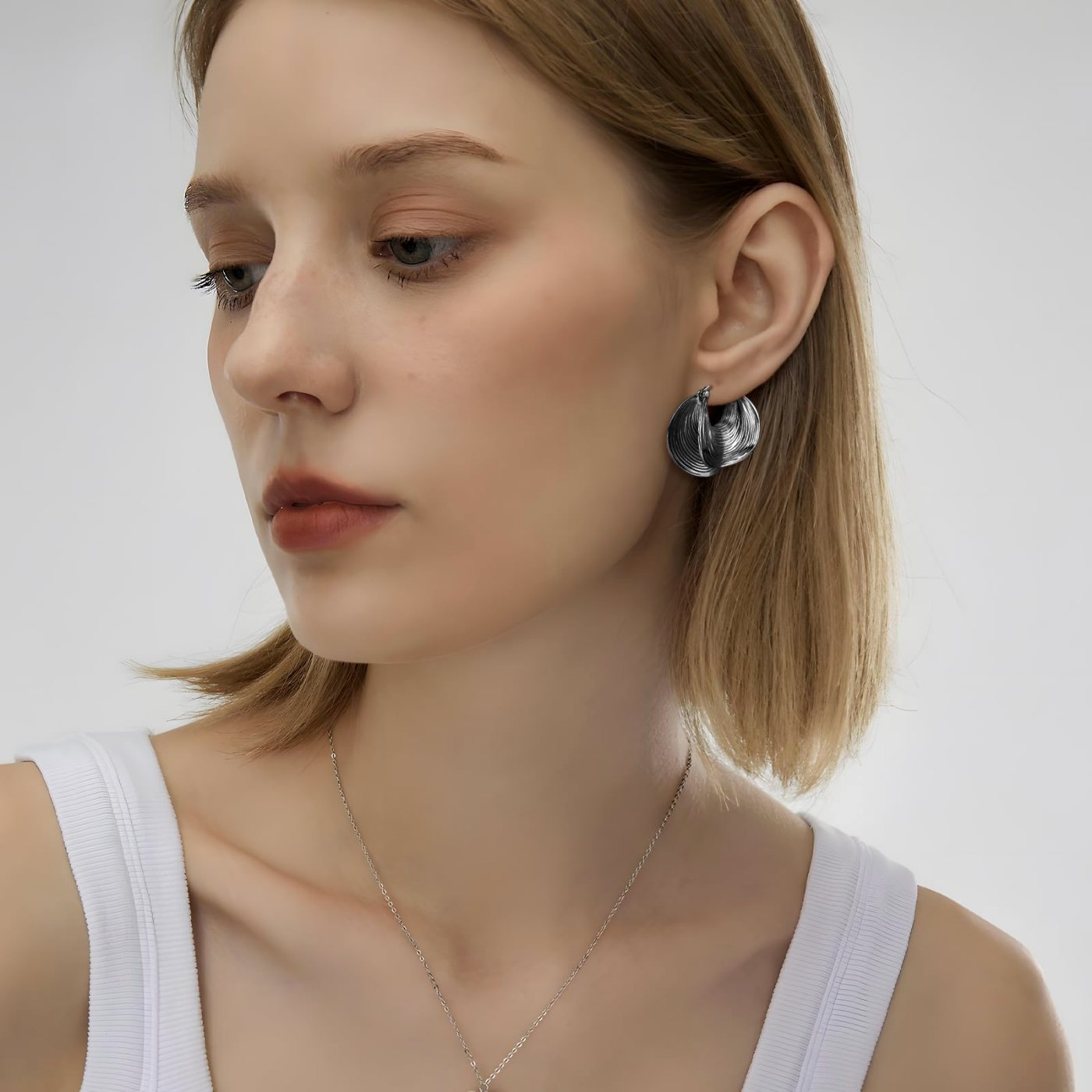 YUJIE Chunky Hoops, Silver Tone, view 4