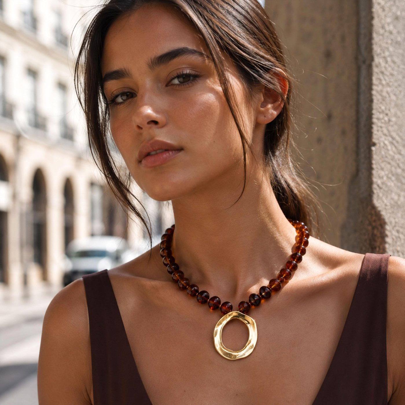 YUJIE Circle Pendant Necklace, Dark Brown Beads, second view