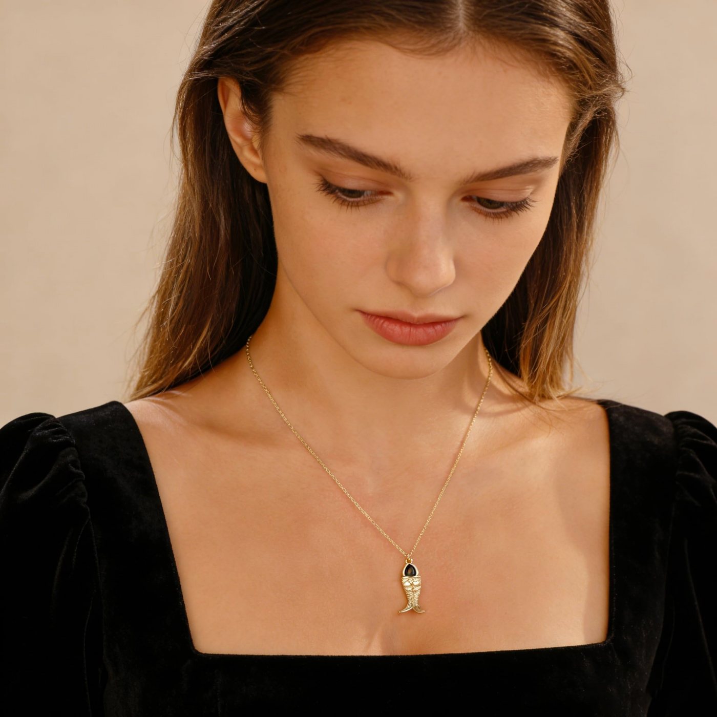 YUJIE Fish Pendant Necklace, Black Stone, view 3