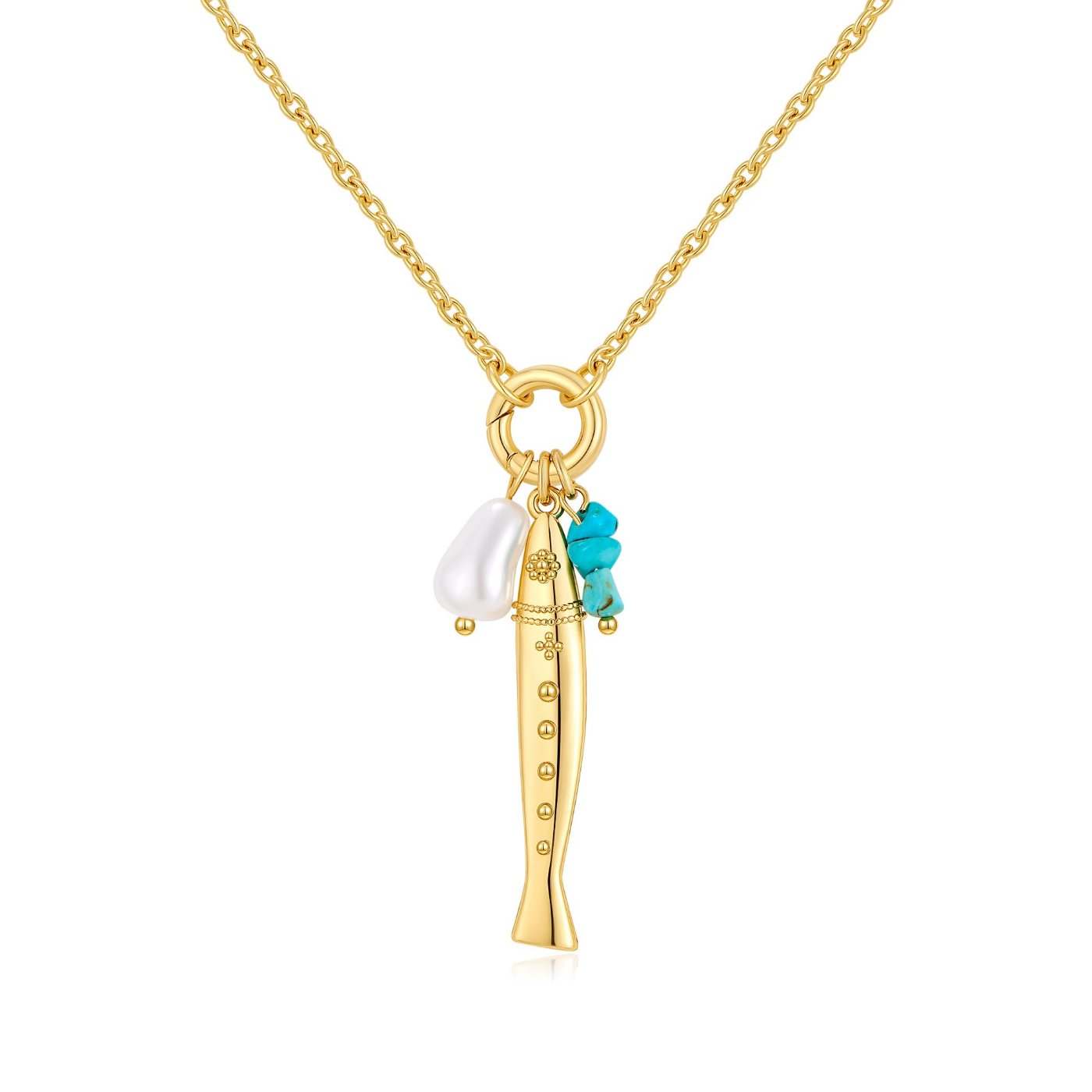 YUJIE Fish Pendant Necklace, Pearl And Turquoise, gold tone