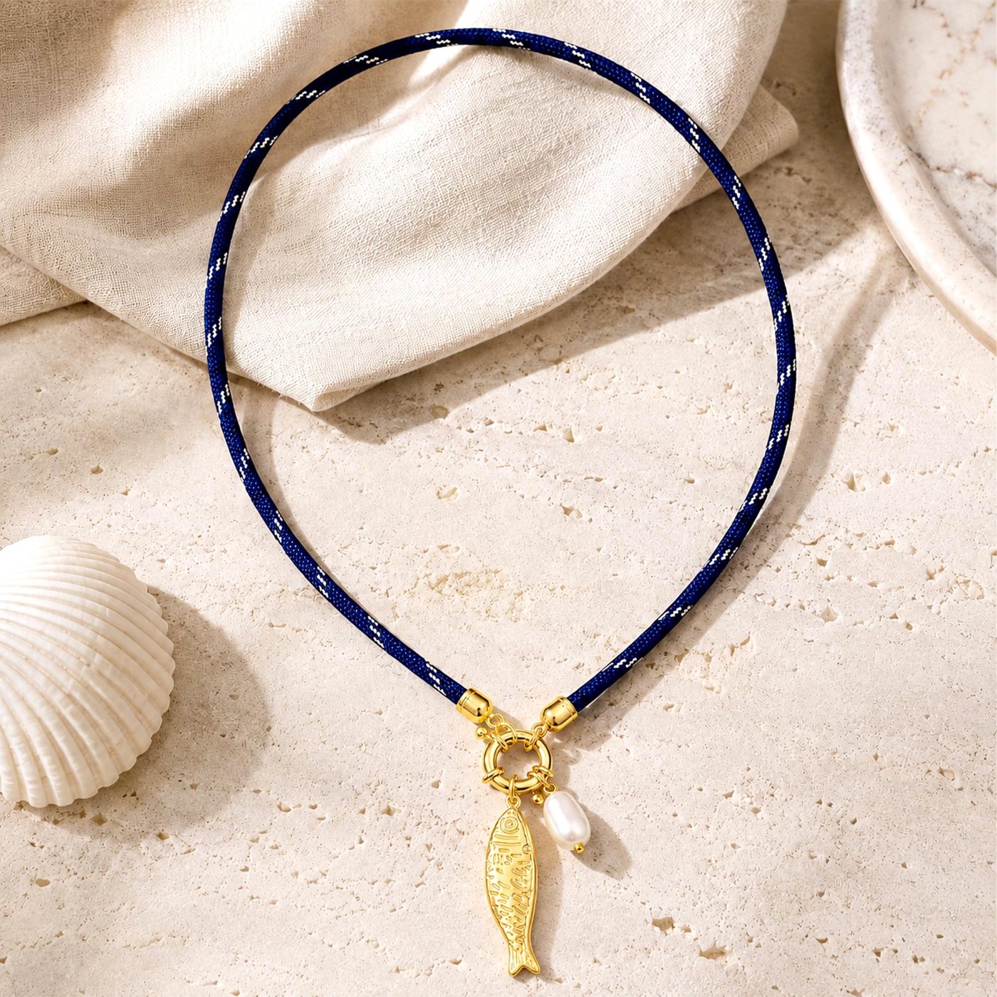 YUJIE Fish Pendant Necklace, Navy Rope Pearl, view 5
