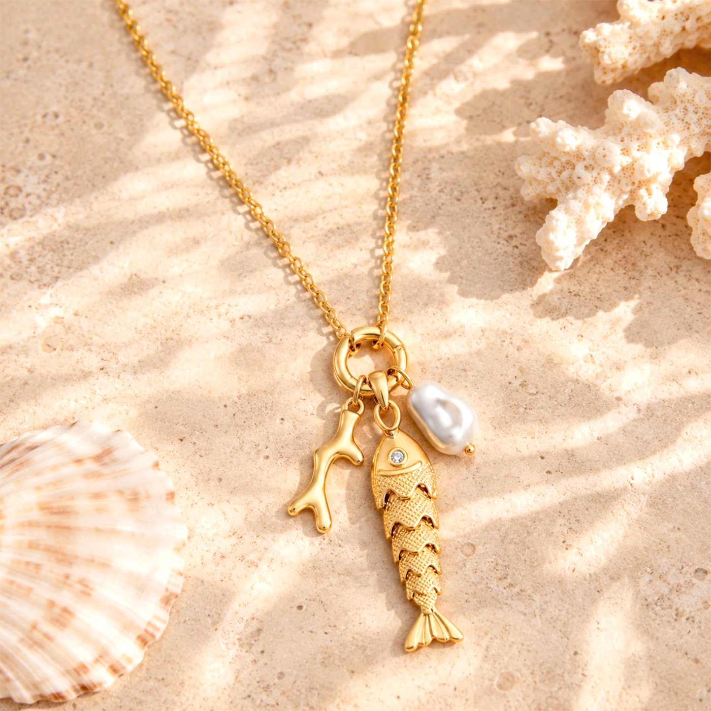 YUJIE Fish Pendant Necklace, Pearl And Coral, view 5