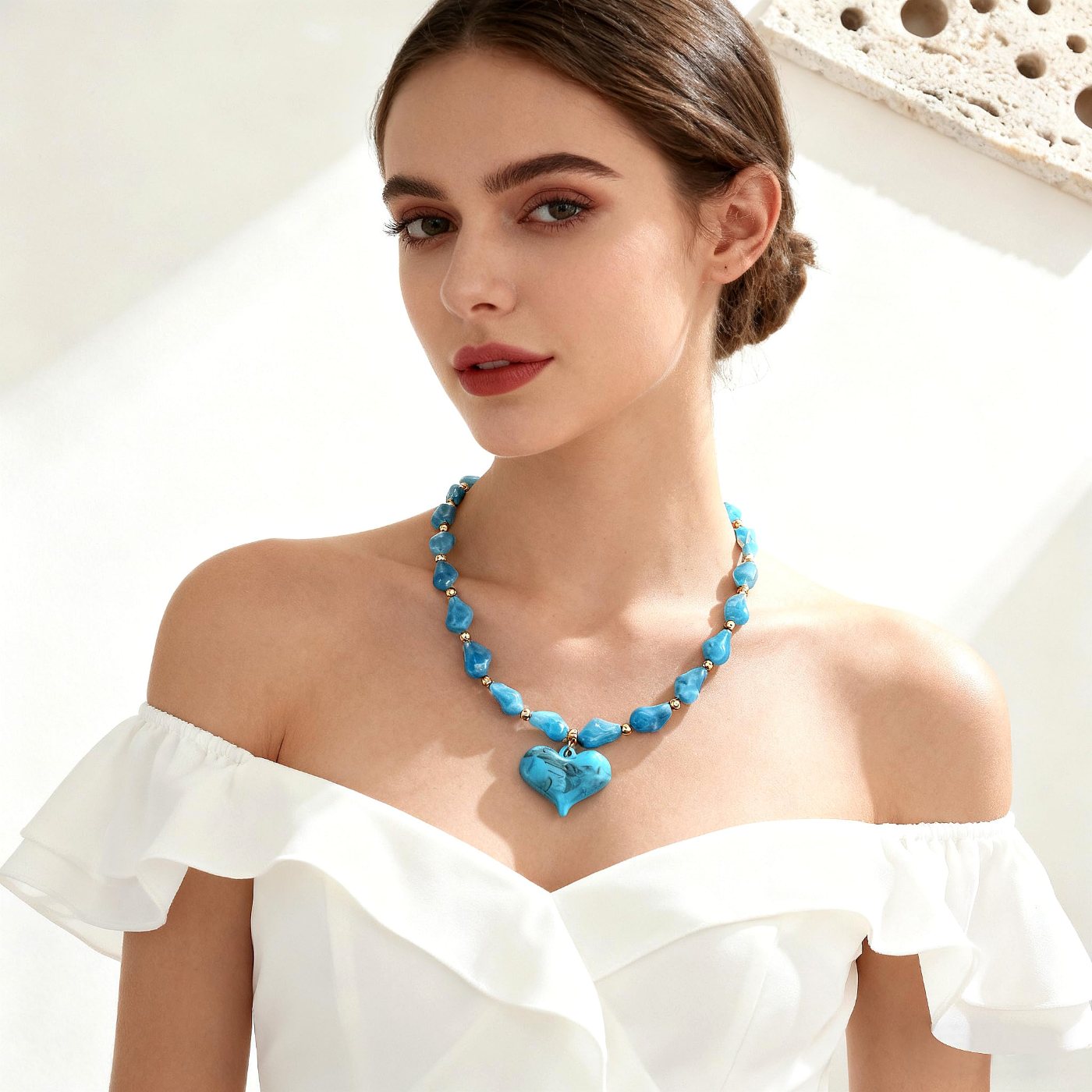 YUJIE Heart Pendant Necklace, Blue Irregular Bead, second view