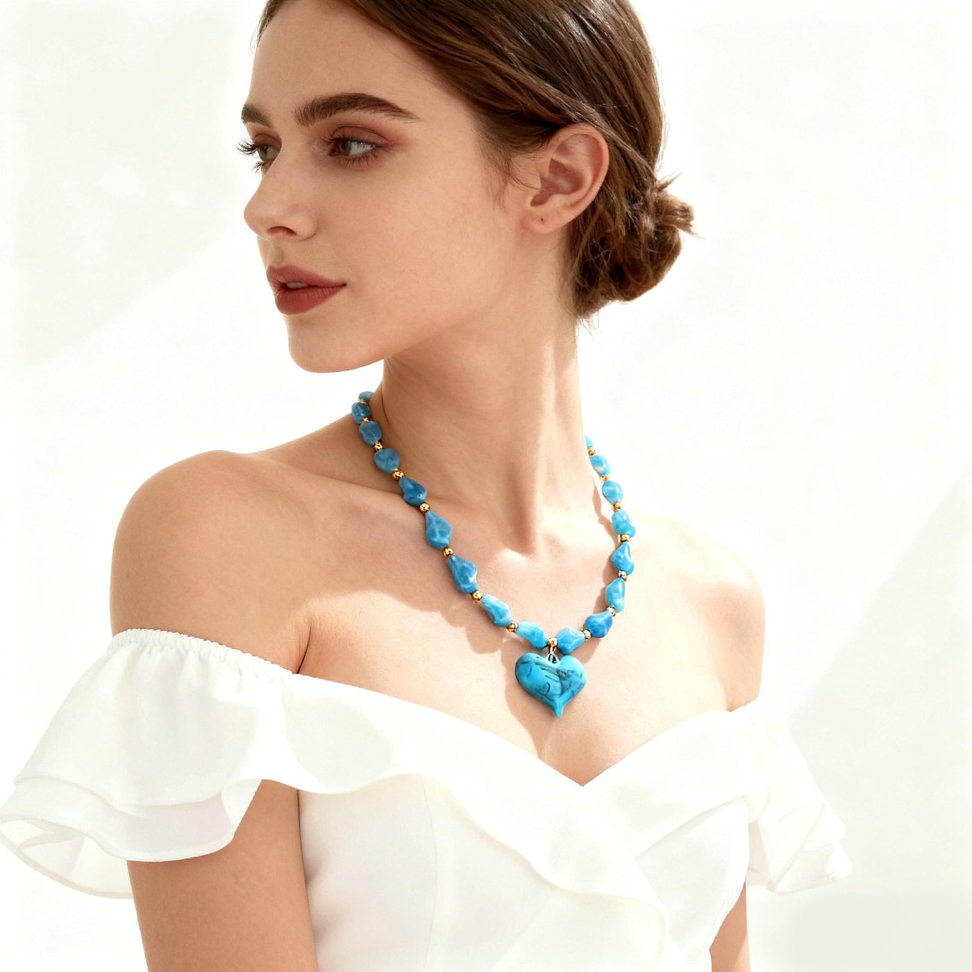 YUJIE Heart Pendant Necklace, Blue Irregular Bead, view 3