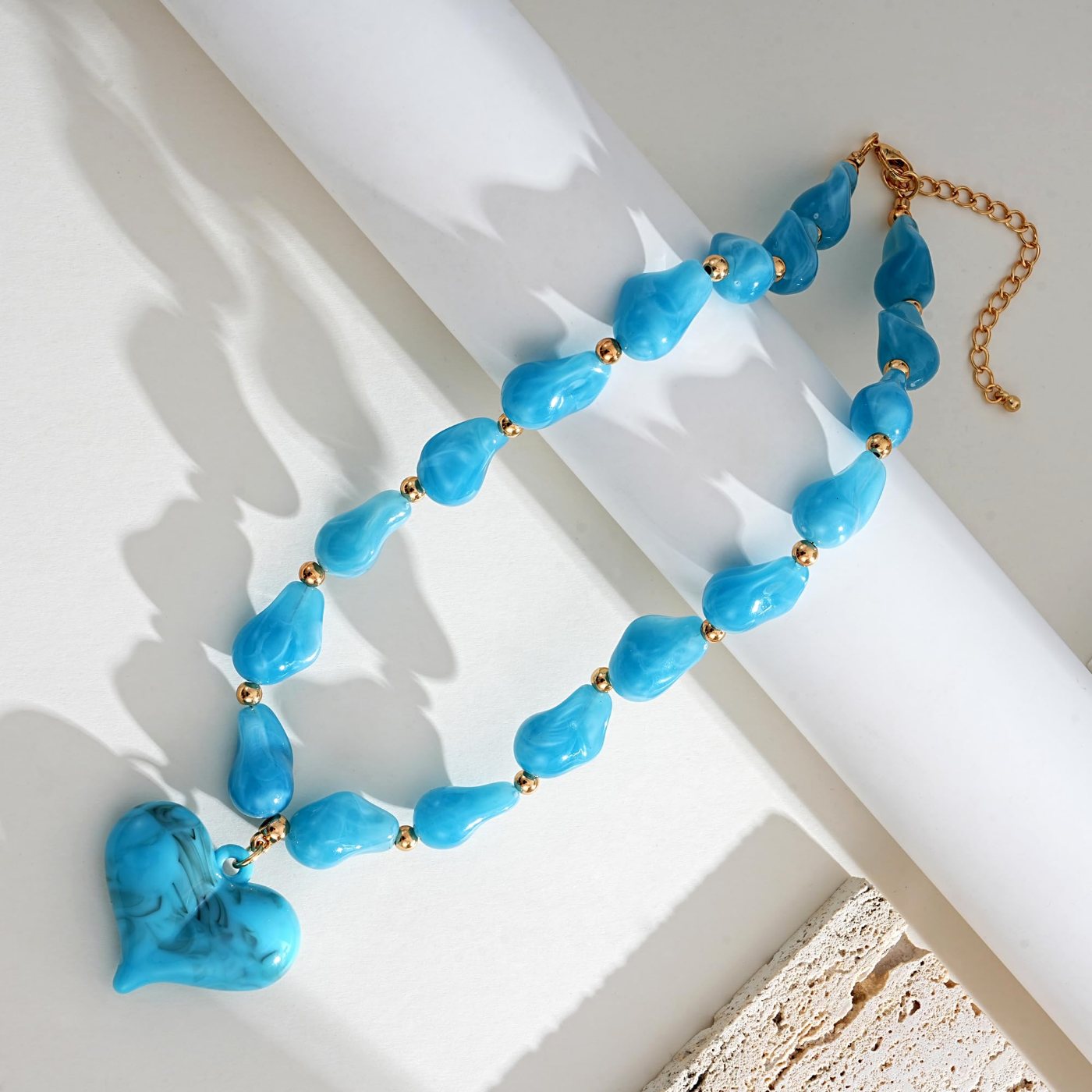 YUJIE Heart Pendant Necklace, Blue Irregular Bead, view 4