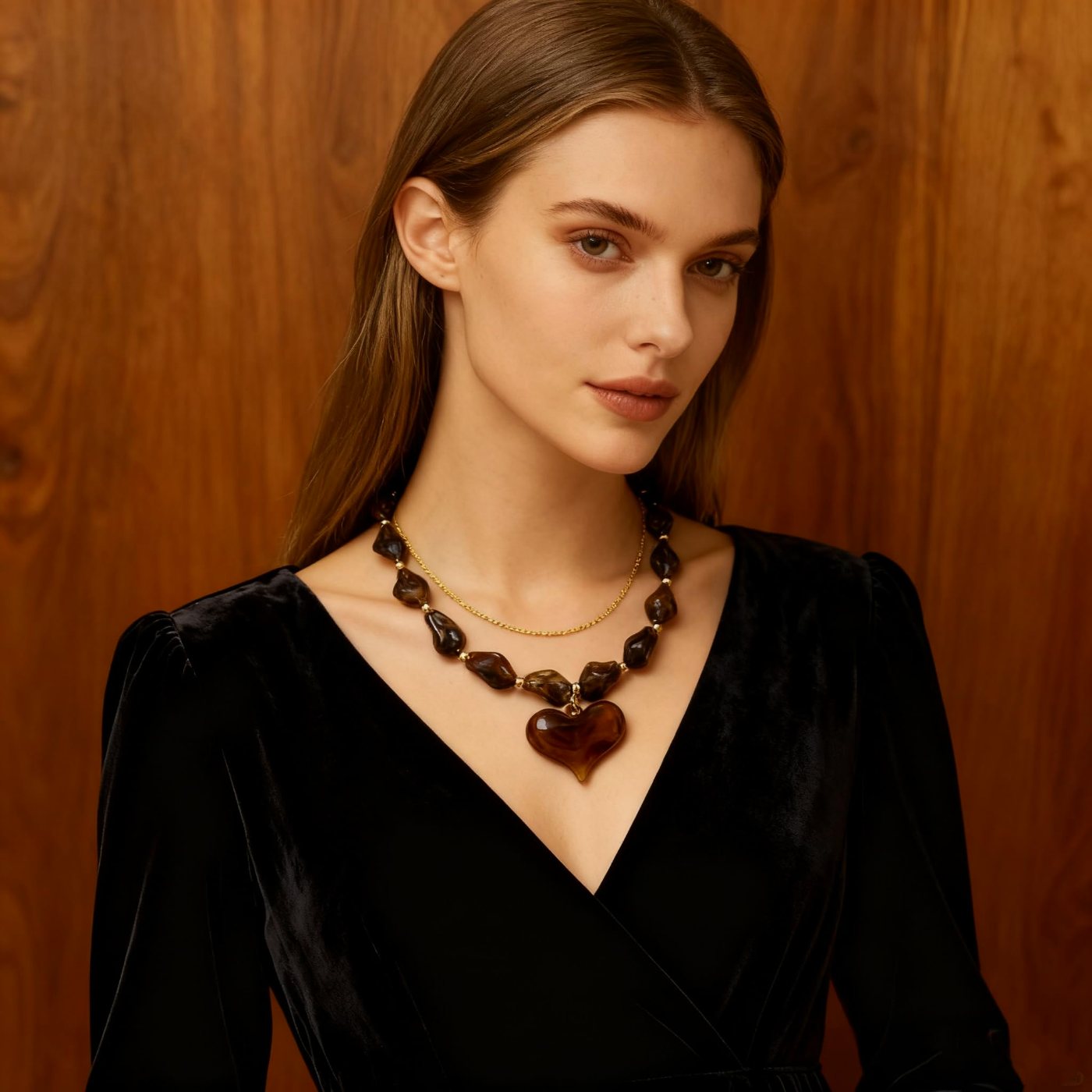 YUJIE Heart Pendant Necklace, Brown Irregular Bead, second view