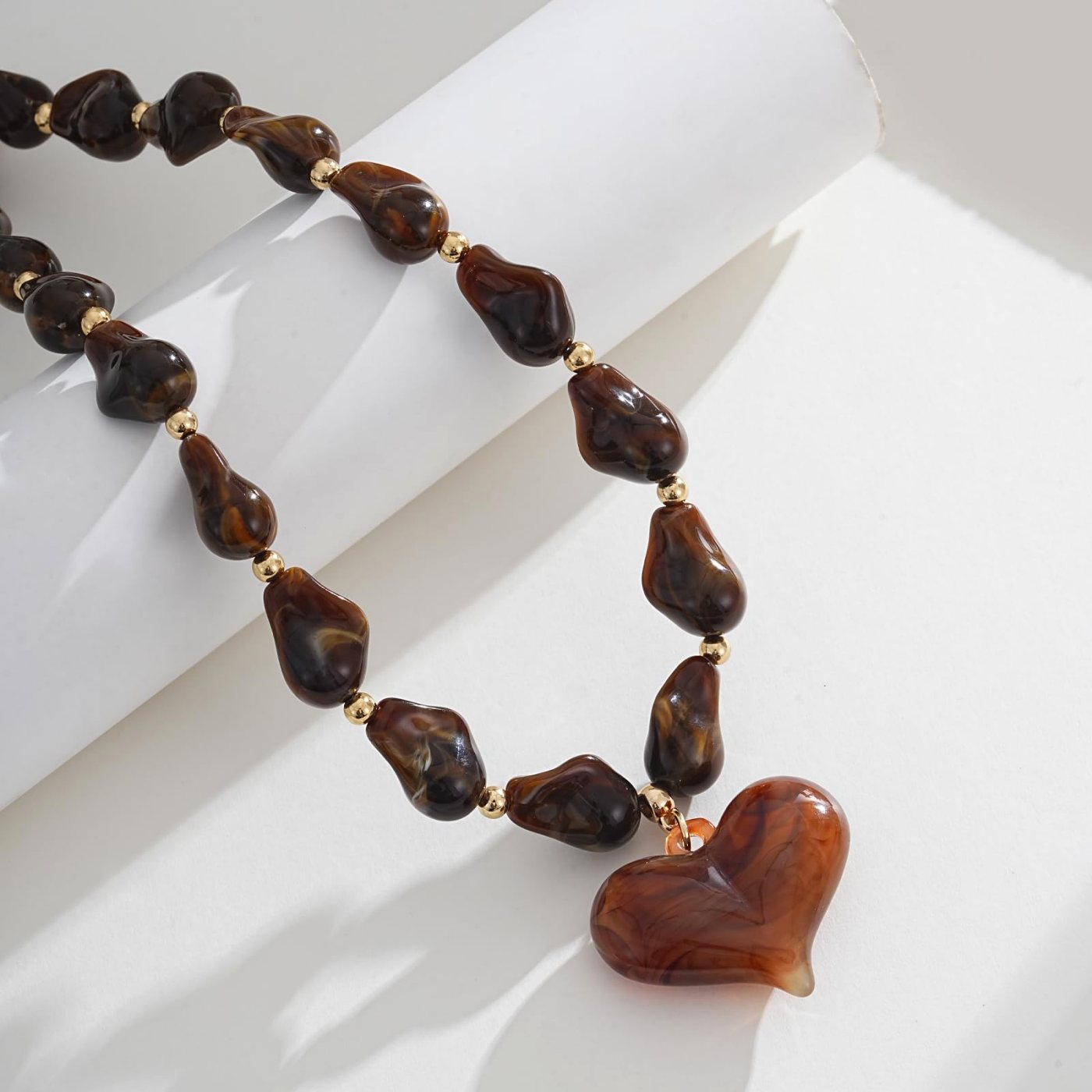 YUJIE Heart Pendant Necklace, Brown Irregular Bead, view 5
