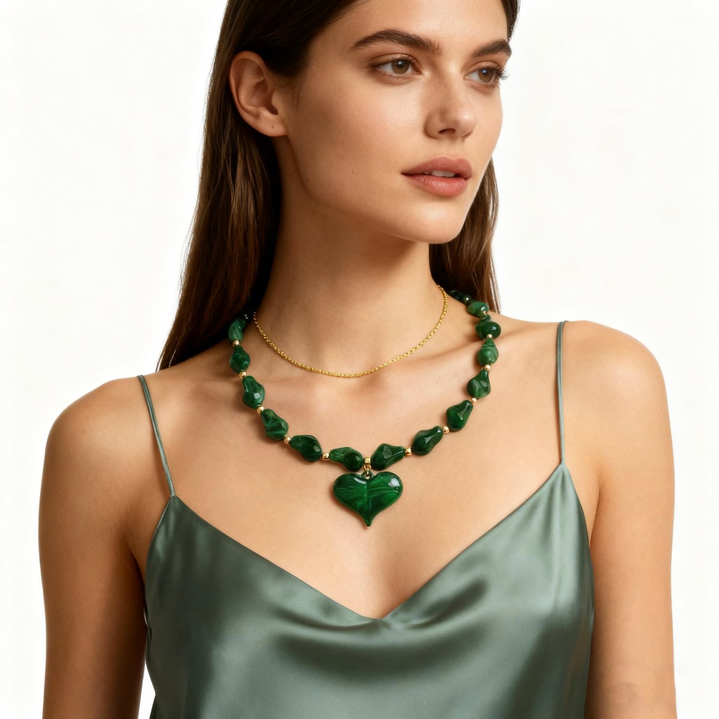 YUJIE Heart Pendant Necklace, Green Irregular Bead, second view
