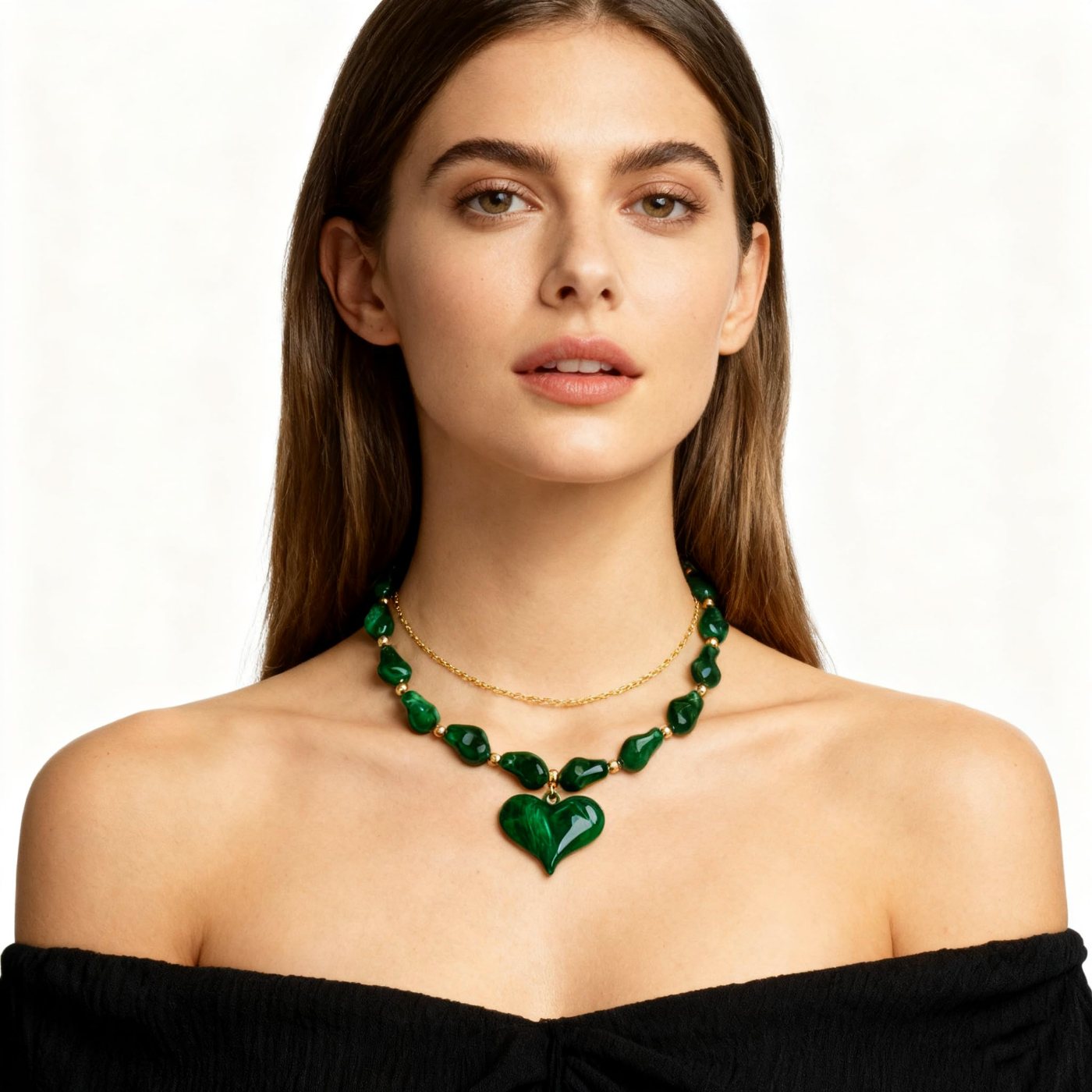 YUJIE Heart Pendant Necklace, Green Irregular Bead, view 3