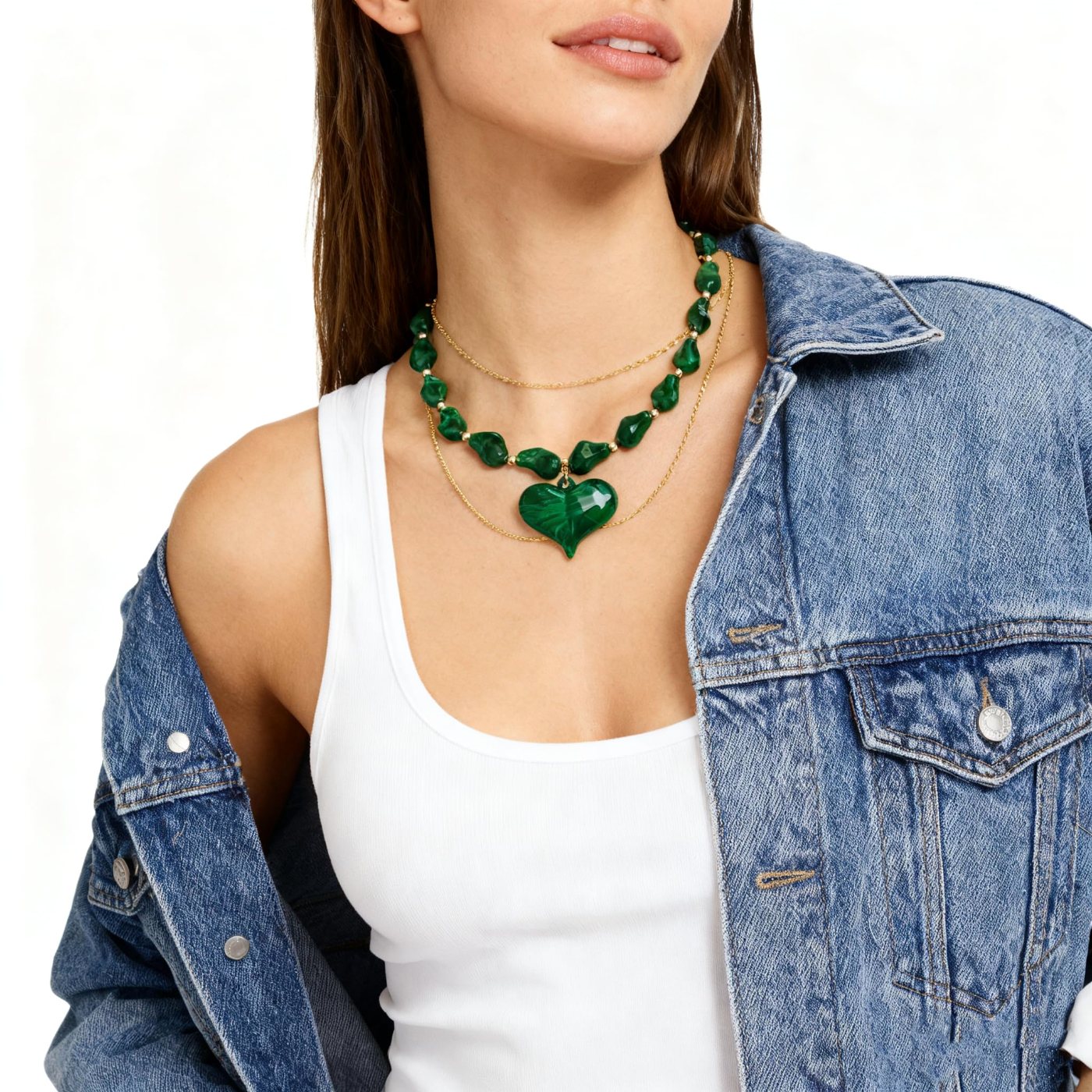YUJIE Heart Pendant Necklace, Green Irregular Bead, view 4