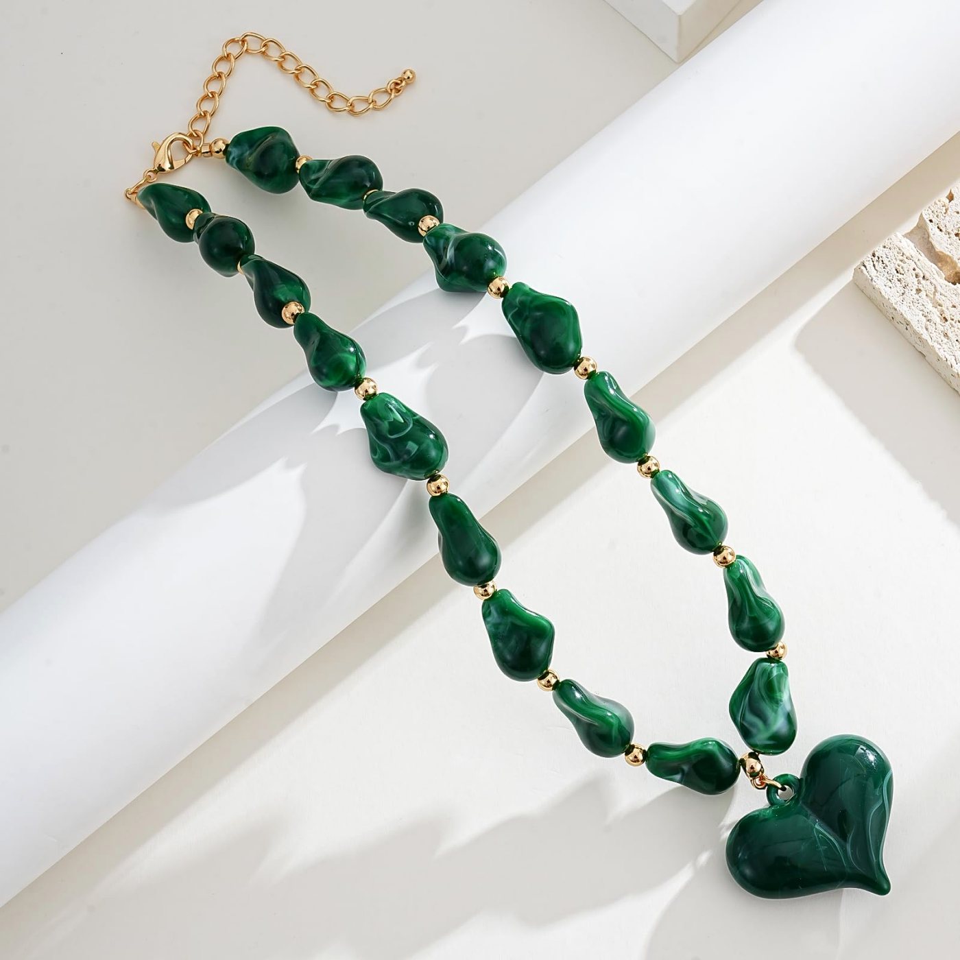 YUJIE Heart Pendant Necklace, Green Irregular Bead, view 5