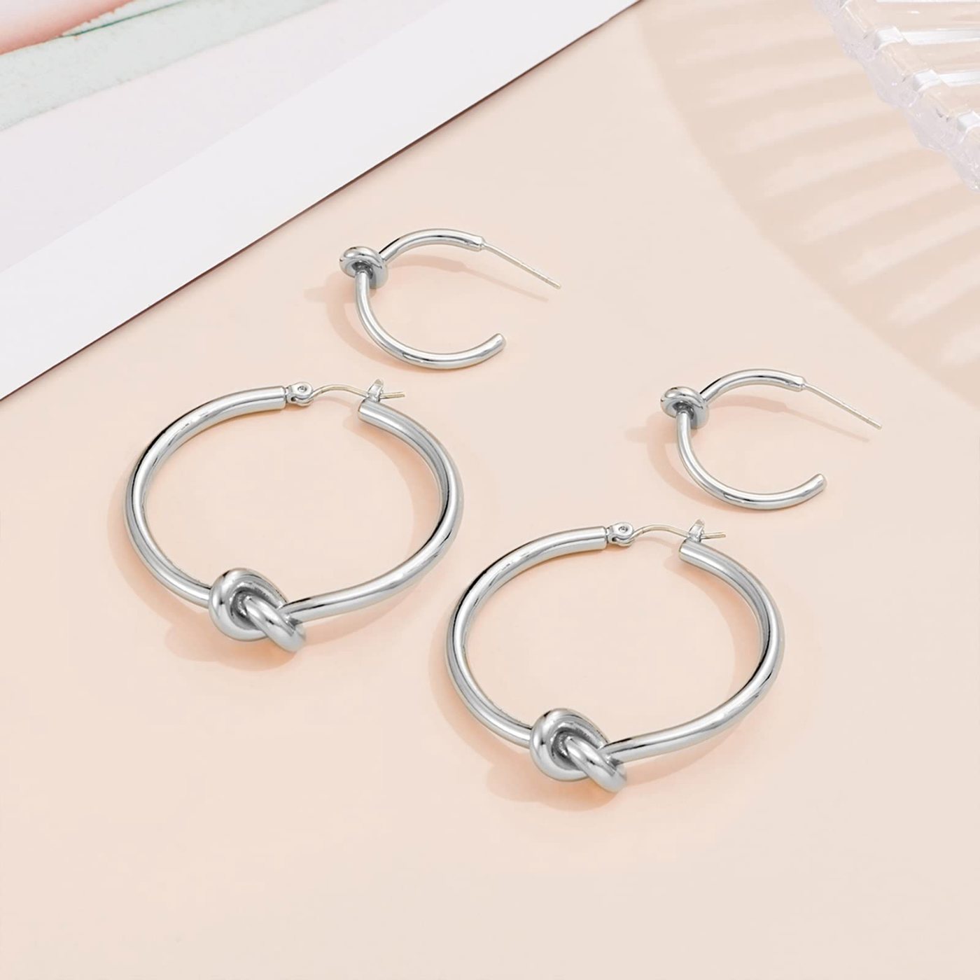 YUJIE Knot Hoops, Silver Tone, view 4